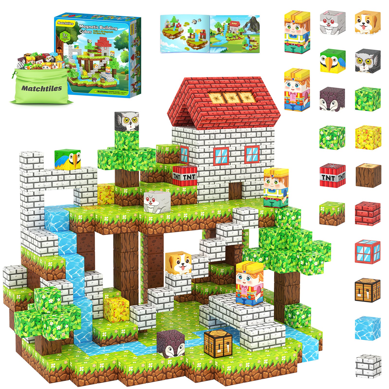 100 PCS Magworld Magnetic Blocks with Farm Animals Toys, Build Mine Magnet World Set