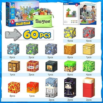 60 PCS Magworld Magnetic Blocks - Build Mine Magnet World Forest Mine Set-Soyee