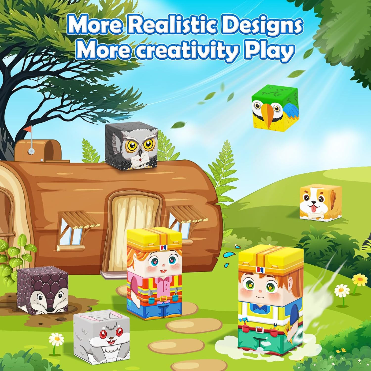 Magworld 100PCS Magnetic Blocks with Forest Animals Magnet Cube Toys Stacking Kids Toys