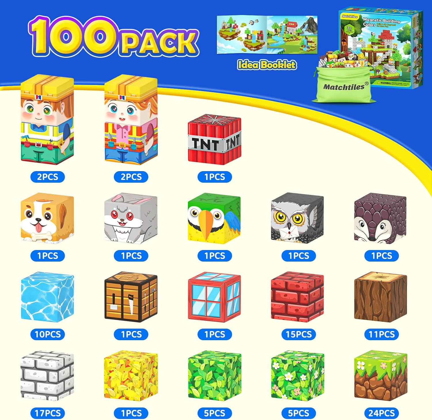 Magworld 100PCS Magnetic Blocks with Forest Animals Magnet Cube Toys Stacking Kids Toys