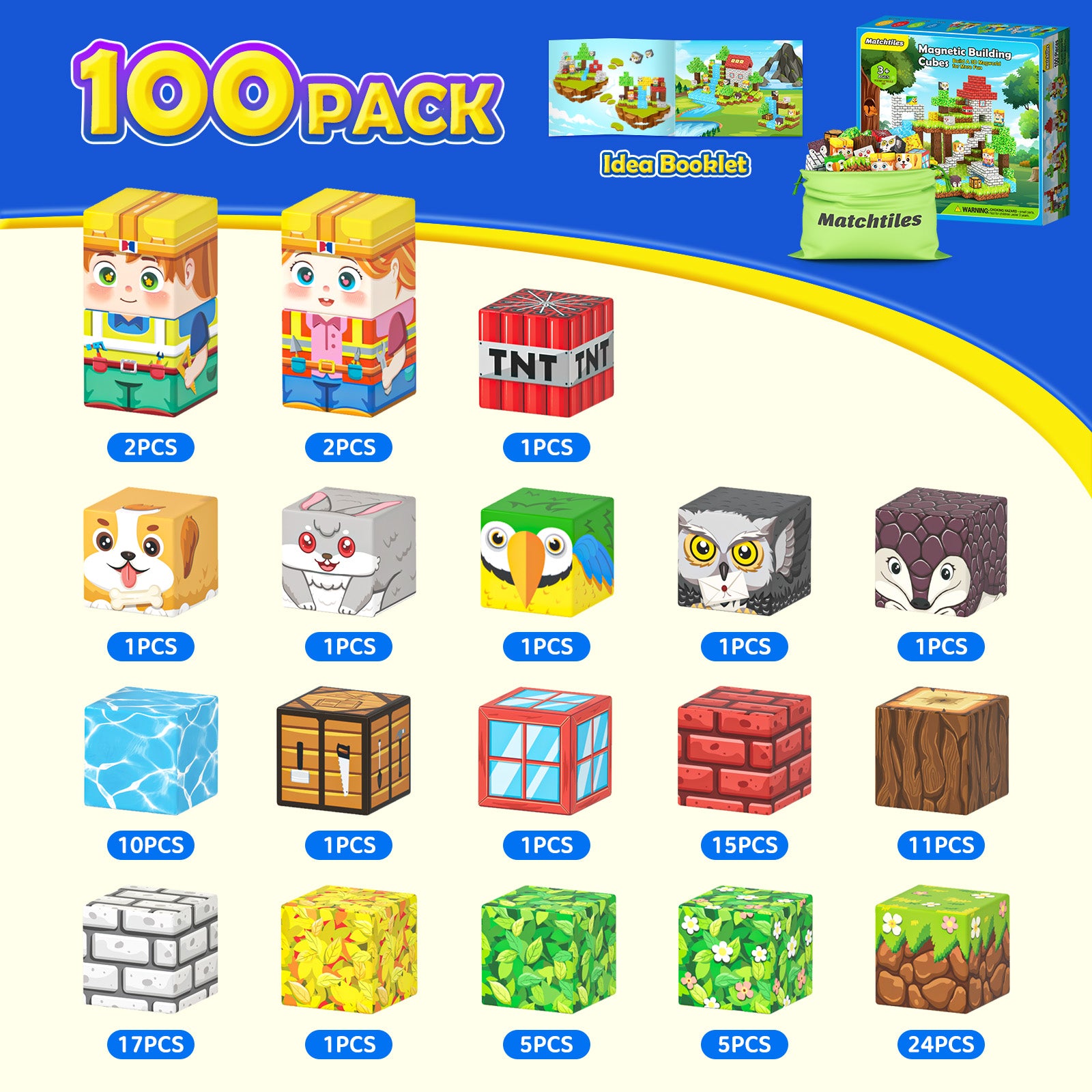 100 PCS Magworld Magnetic Blocks with Farm Animals Toys, Build Mine Magnet World Set