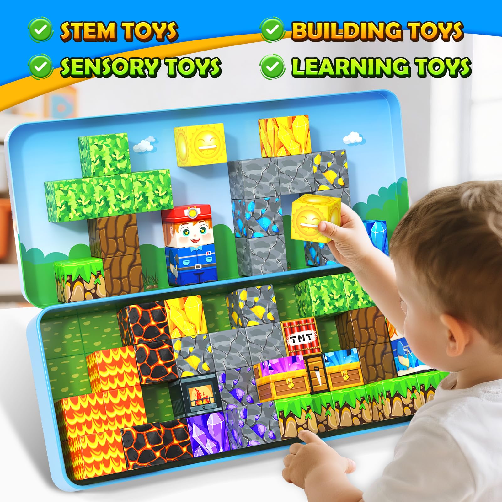 Magworld Magnetic Blocks Travel Toys 2 Packs with Metal Tin Travel Essentials STEM Learning Outdoor Building Kids