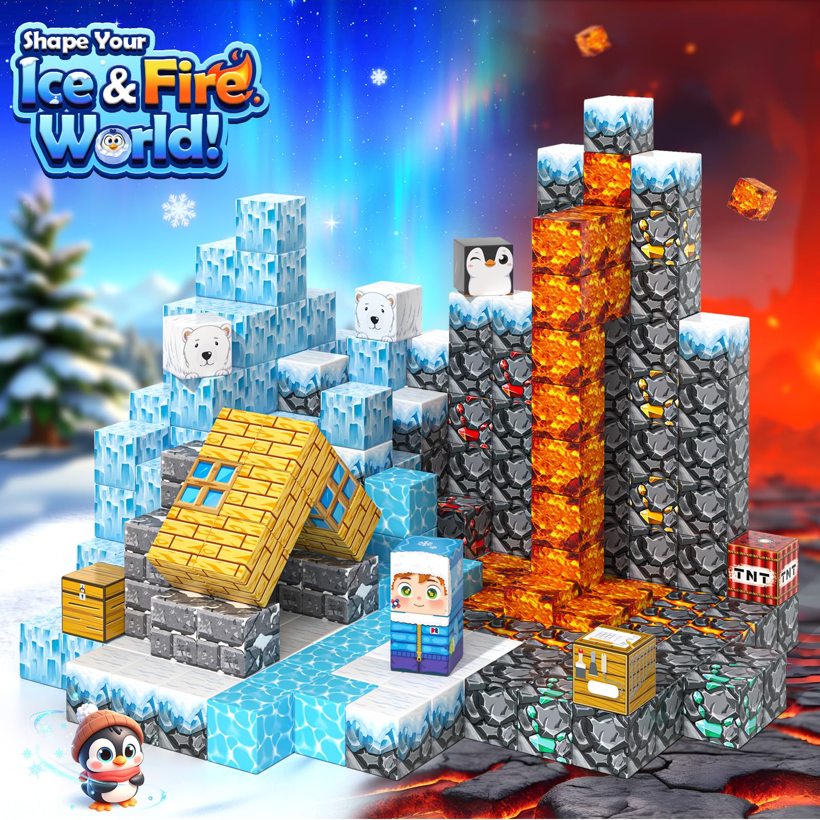 Magworld Large Magnetic Blocks 110PCS Ice Fire World Inspired Playset Kids Magnet Toys