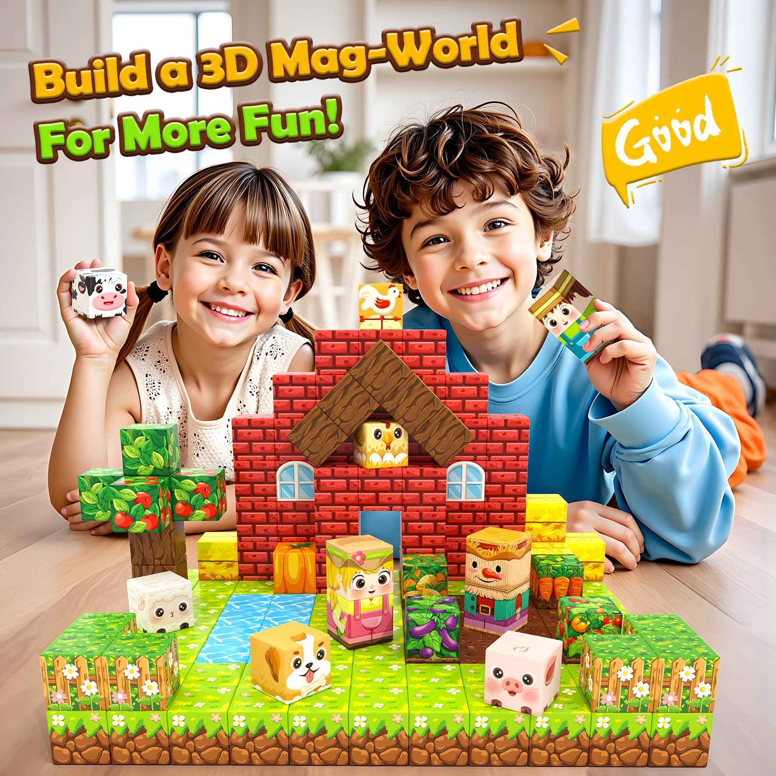 Magworld 100 PCS Magnetic Blocks - Build Mine Magnet World Farm Animals Set