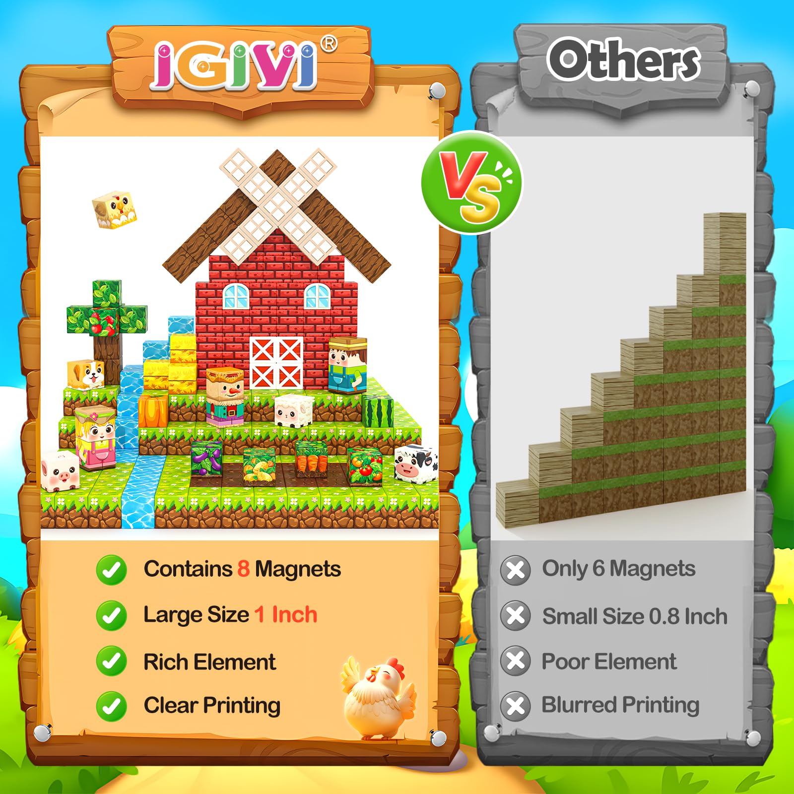 Magworld 100 PCS Magnetic Blocks - Build Mine Magnet World Farm Animals Set
