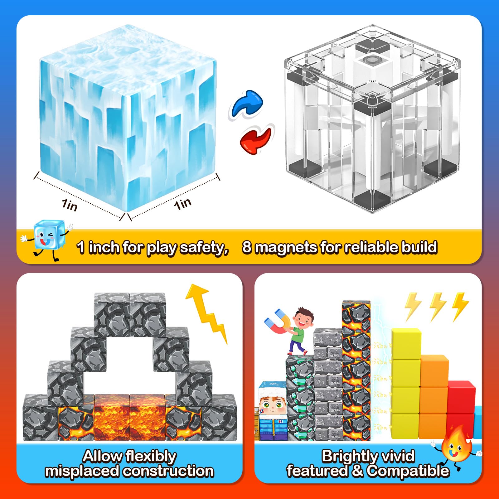 Magworld Large Magnetic Blocks 110PCS Ice Fire World Inspired Playset Kids Magnet Toys