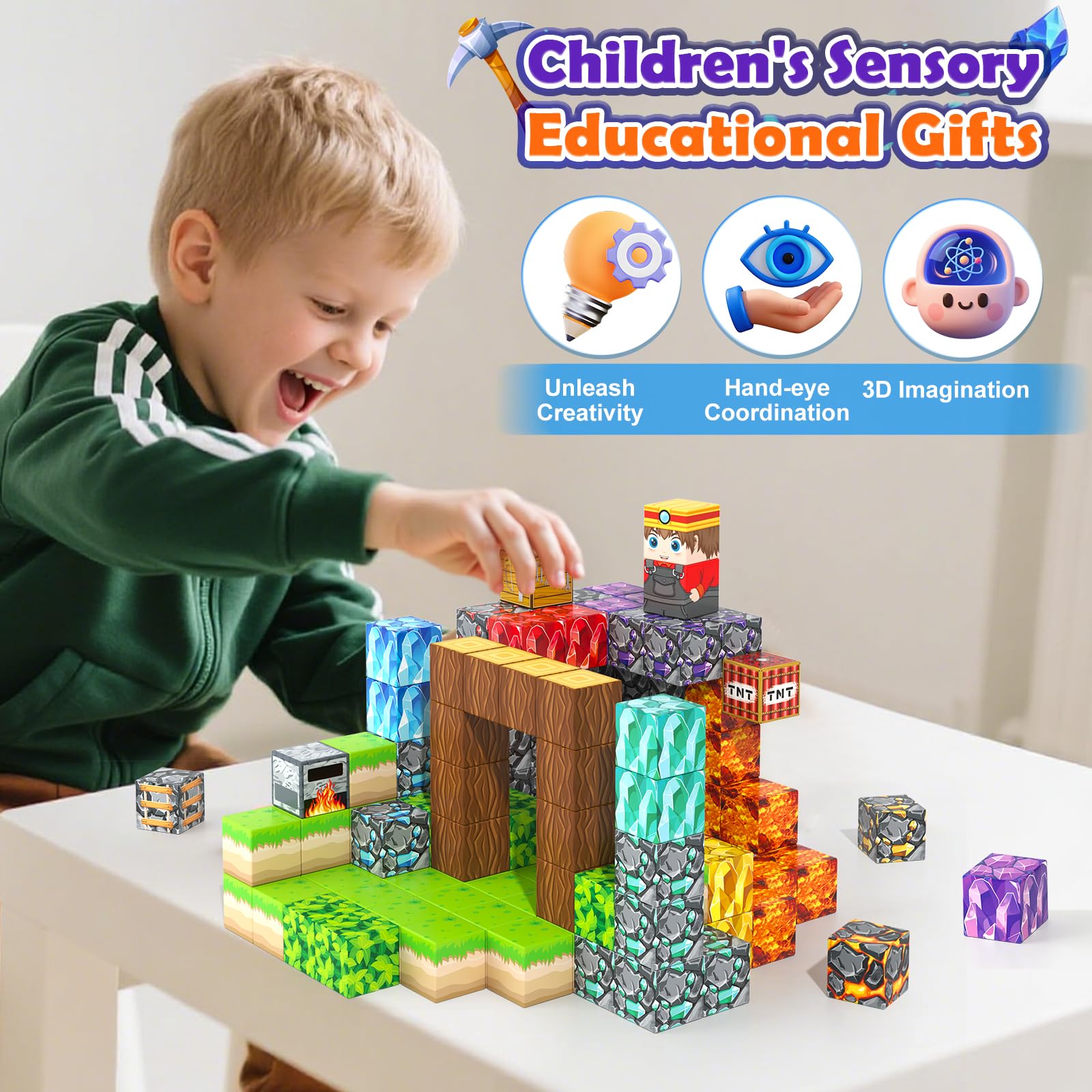 Magworld 150 PCS Magnetic Building Blocks STEM Toy, Stacking Mine Magnet World Craft Cubes