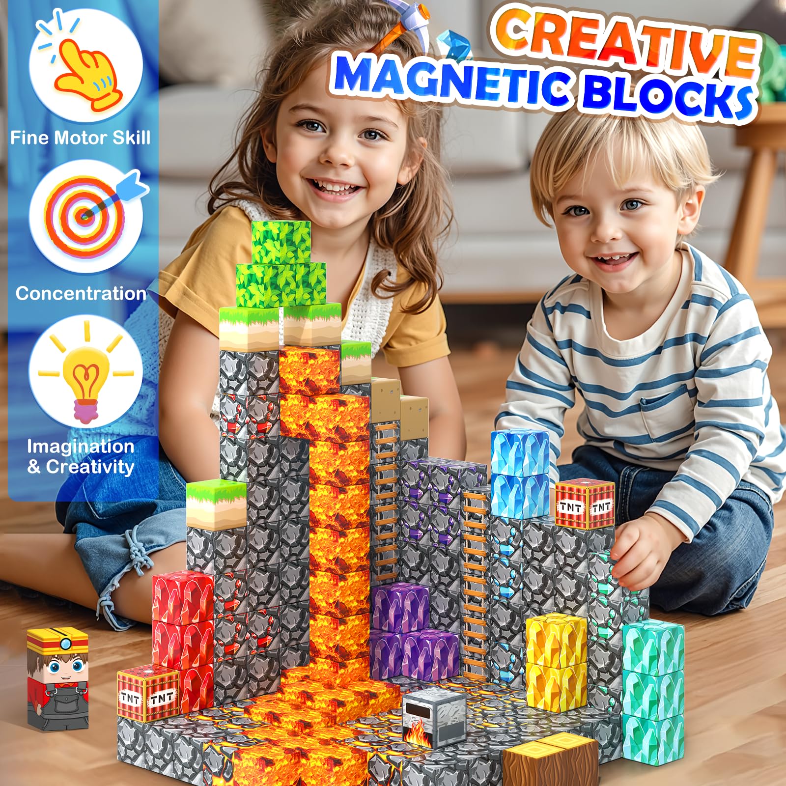 Magworld Magnetic Blocks 100PCS Magnetic Building Cubes Crystal Mine Cave Inspired Playset