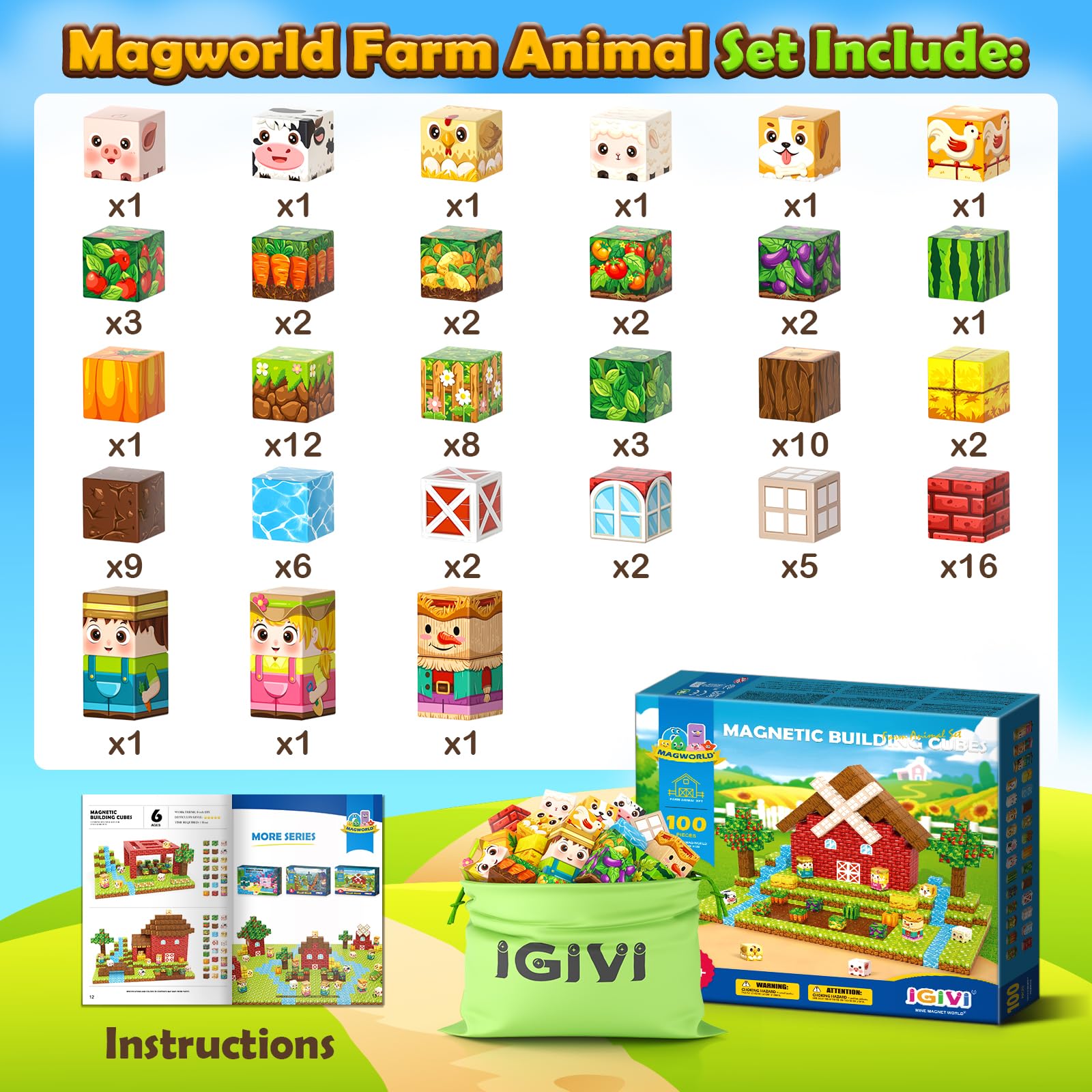 Magworld 100 PCS Magnetic Blocks - Build Mine Magnet World Farm Animals Set