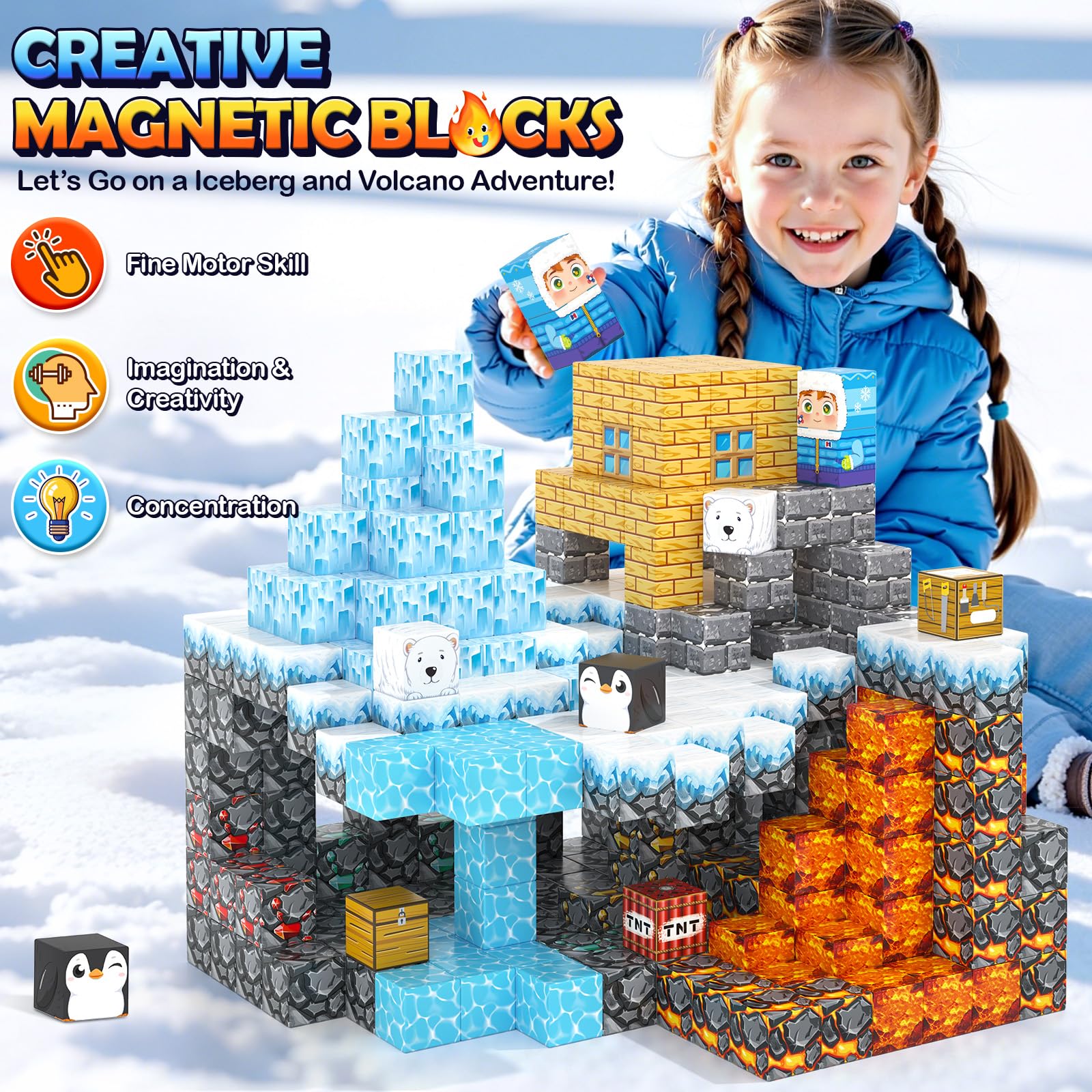 Magworld Large Magnetic Blocks 110PCS Ice Fire World Inspired Playset Kids Magnet Toys