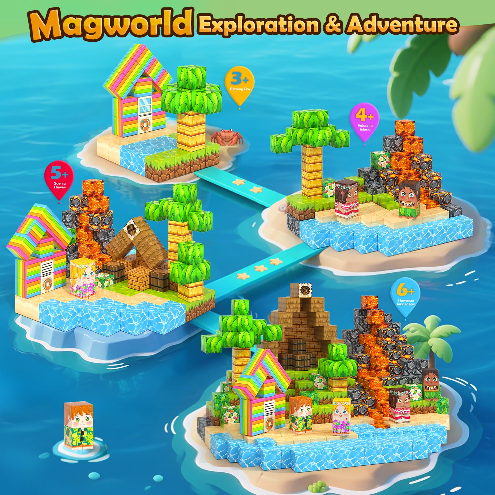 Magworld 120PCS Magnetic Blocks Build Mine Magnet World Hawaii Tribe Set Travel Toys