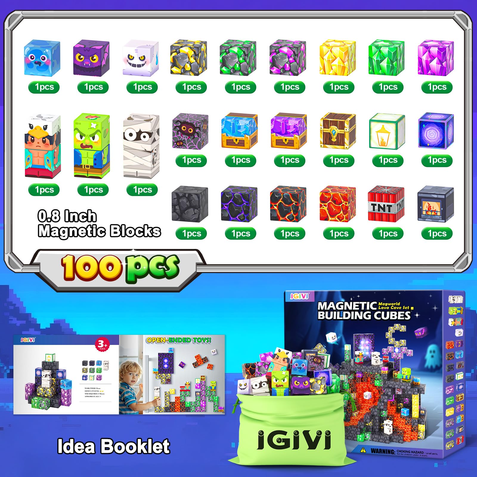 Magworld Magnetic Blocks 100 PCS Lave Cave Building Toys Games Gift for Kids Toddlers
