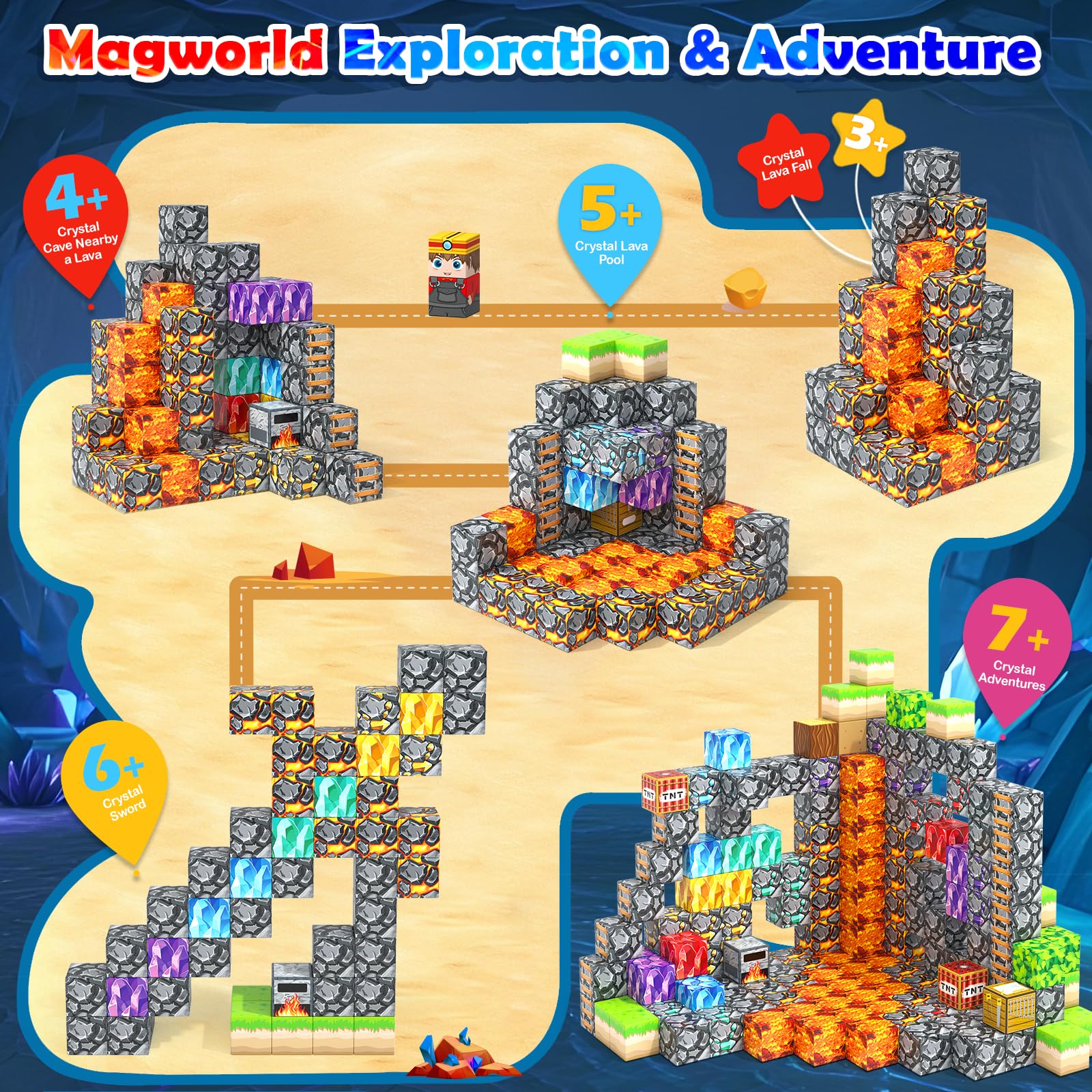 Magworld Magnetic Blocks 100PCS Magnetic Building Cubes Crystal Mine Cave Inspired Playset