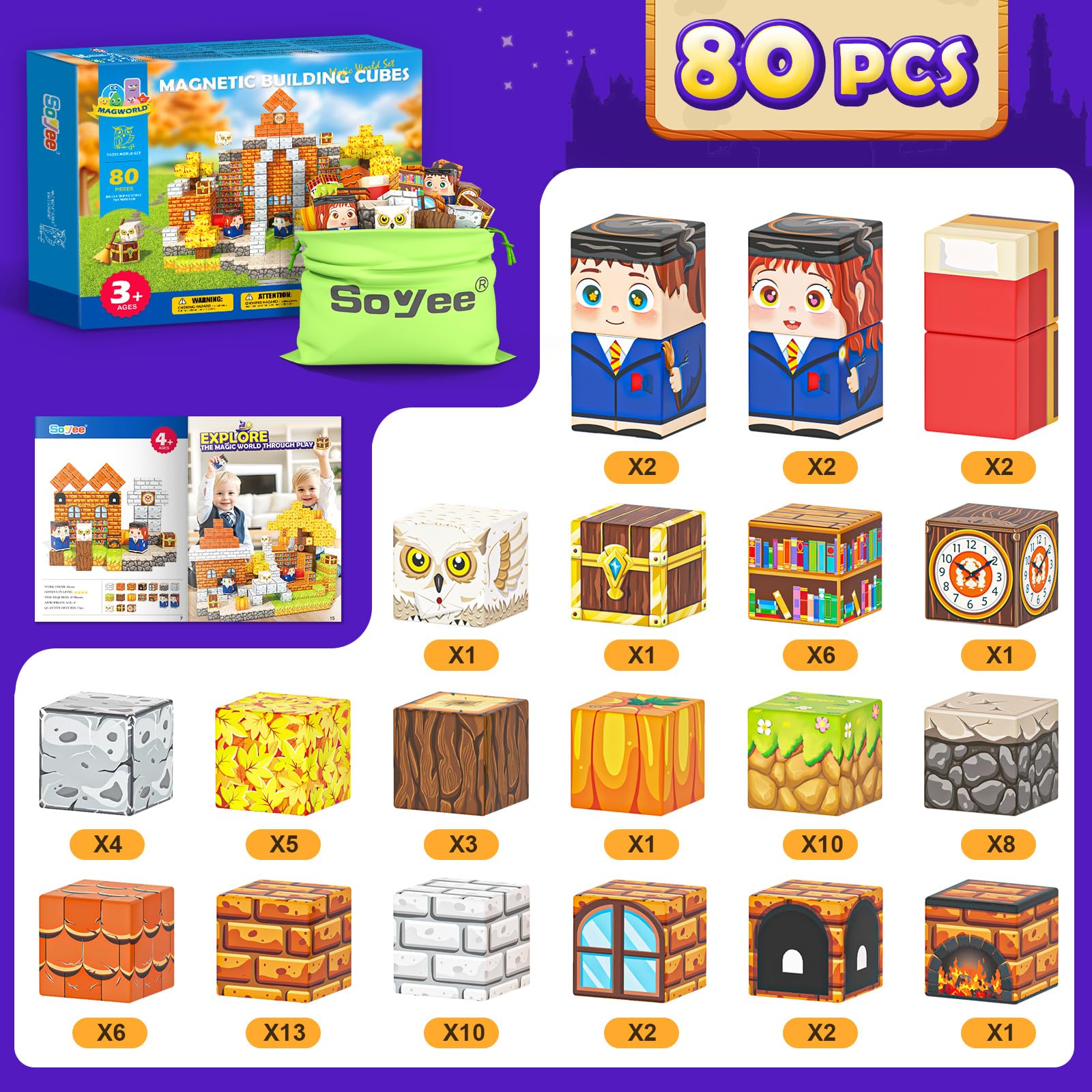 Magworld 80 PCS Magnetic Blocks - Build Mine Magnet World Magic World Adventure Set Magnet Cubes Kids Sensory Toys