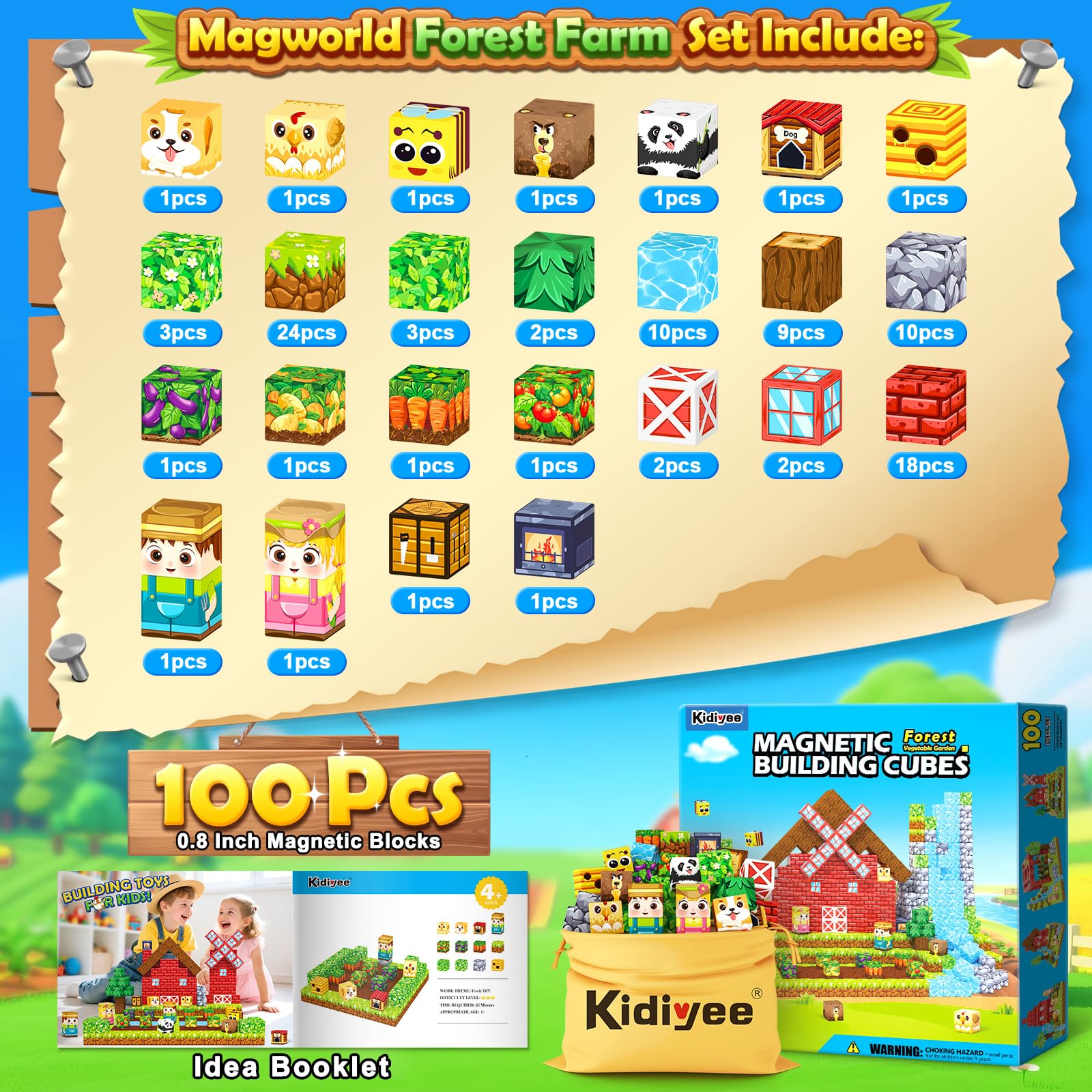 Magworld Magnetic Blocks 100PCS Forest Farm Edition Sensory STEM Toys for Boys & Girls