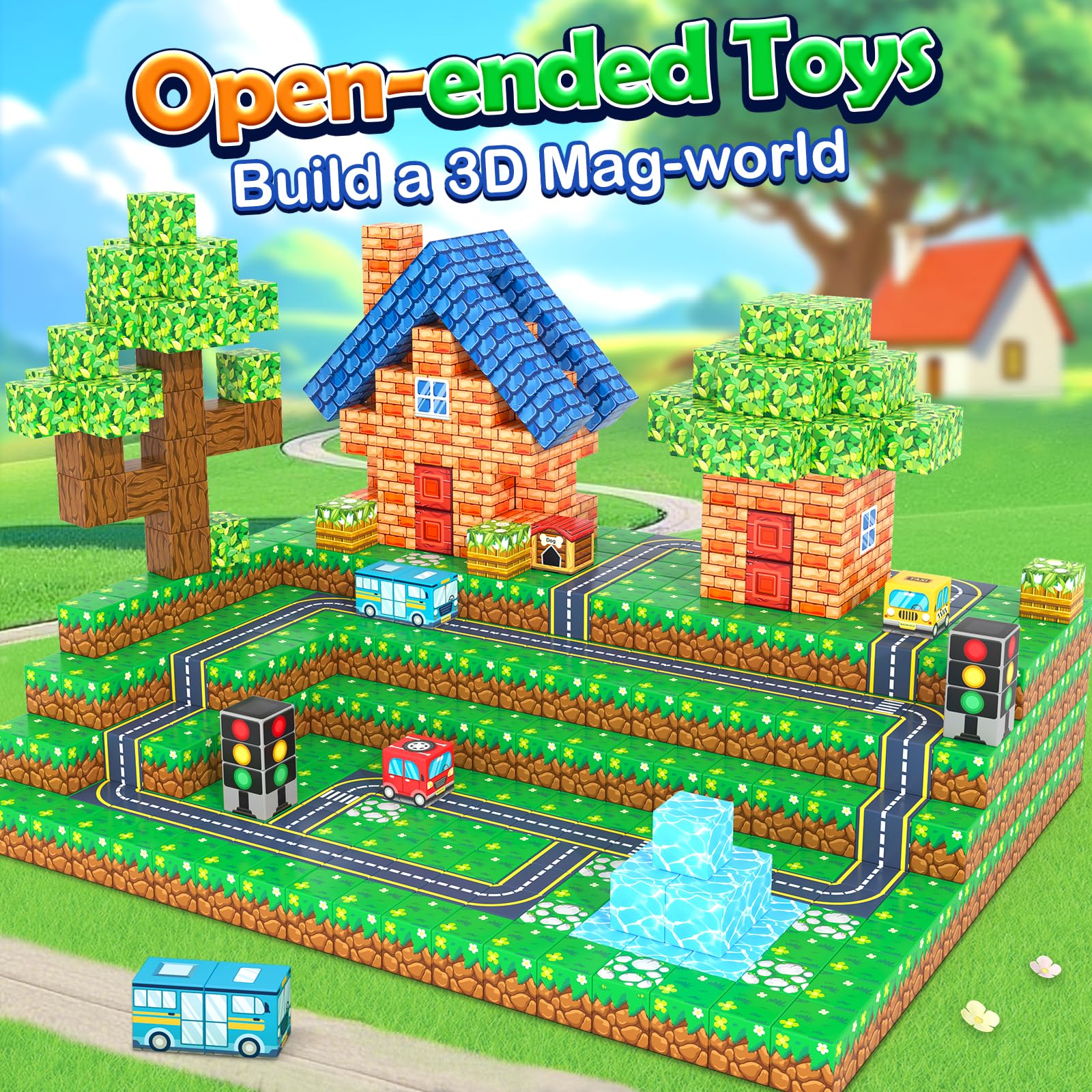 Magworld 100PCS Magnetic Blocks - Build Mine Magnet World Road Set,