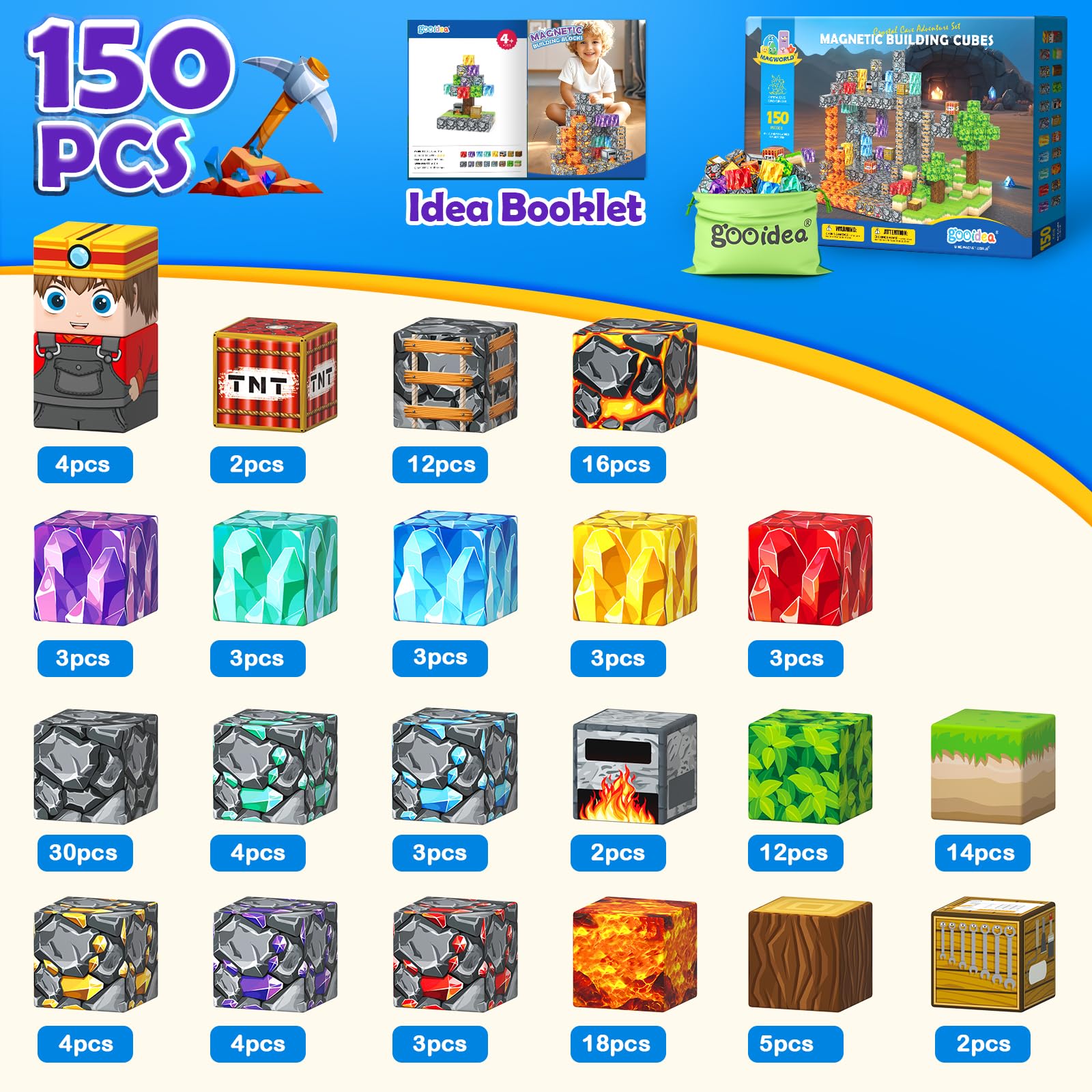 Magworld 150 PCS Magnetic Building Blocks STEM Toy, Stacking Mine Magnet World Craft Cubes