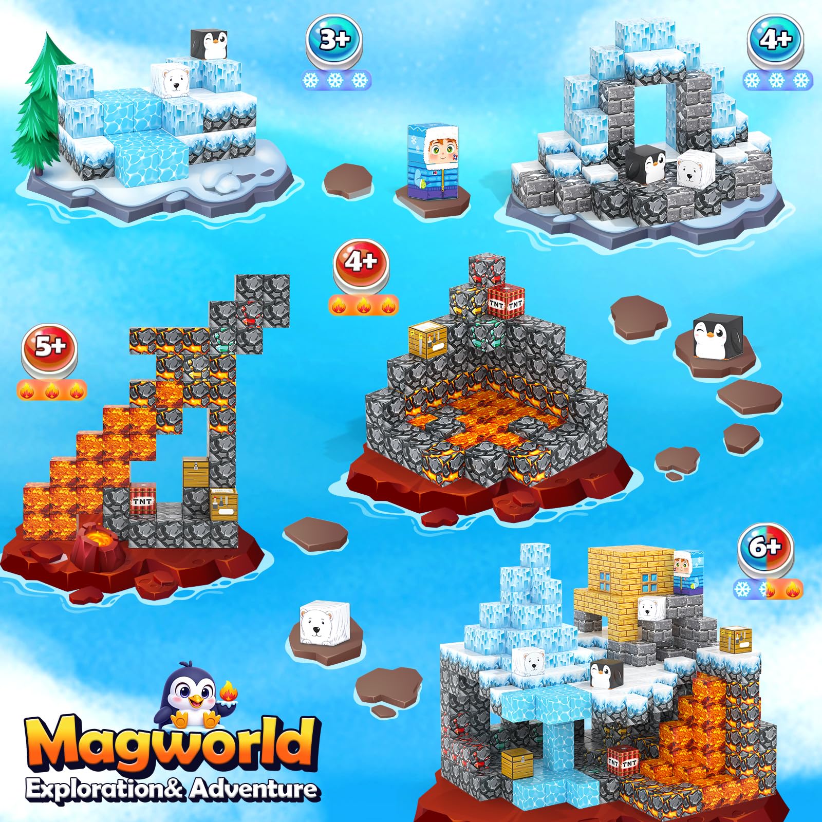 Magworld Large Magnetic Blocks 110PCS Ice Fire World Inspired Playset Kids Magnet Toys