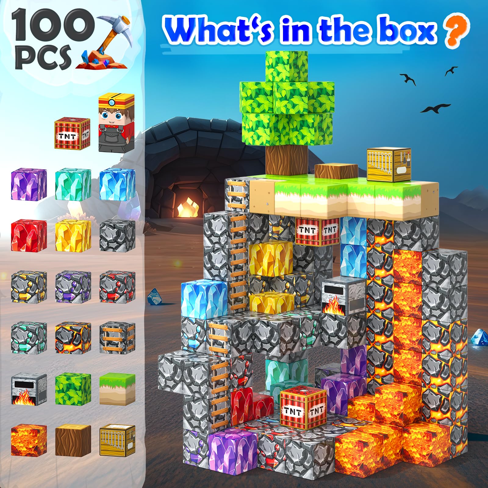 Magworld Magnetic Blocks 100PCS Magnetic Building Cubes Crystal Mine Cave Inspired Playset