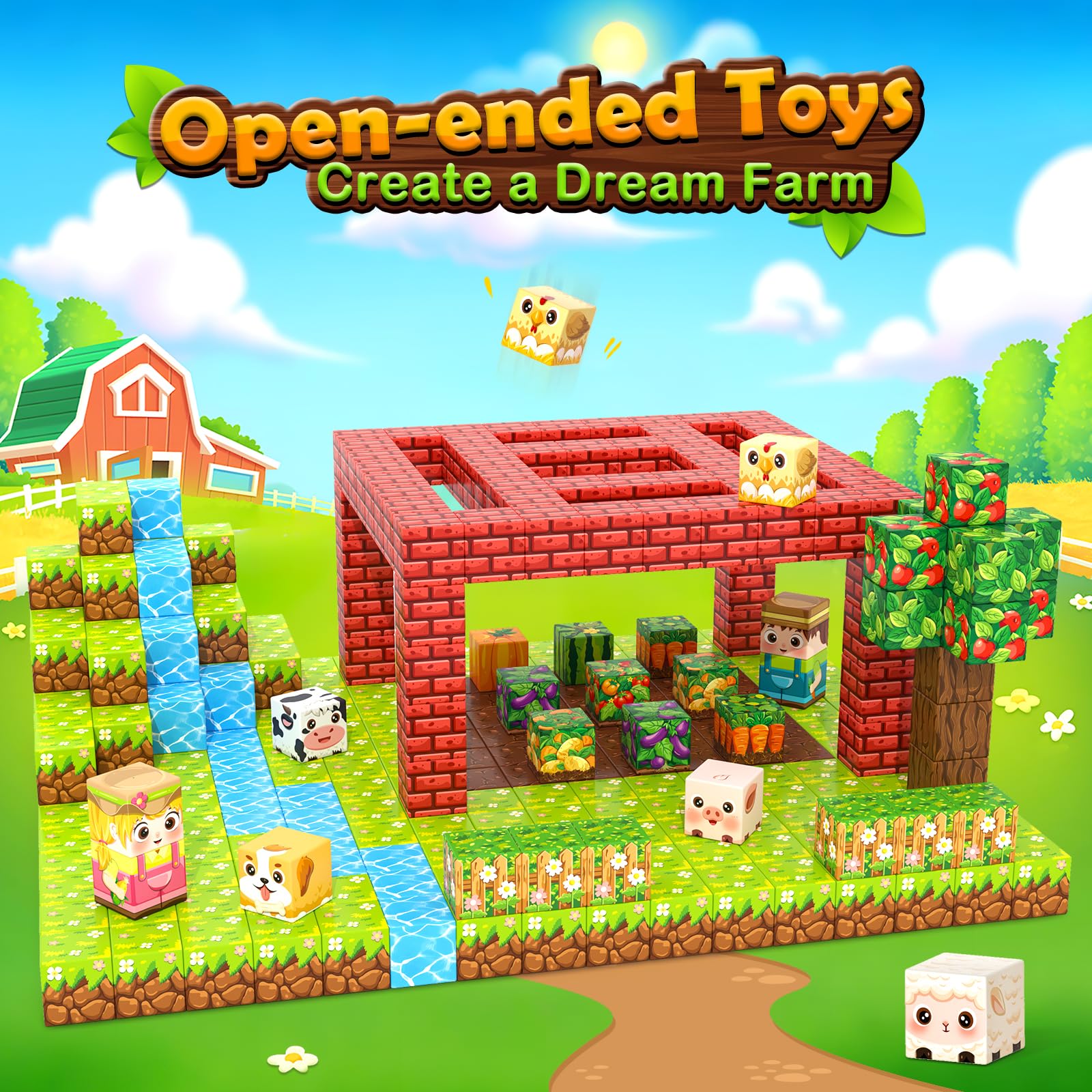 Magworld 100 PCS Magnetic Blocks - Build Mine Magnet World Farm Animals Set
