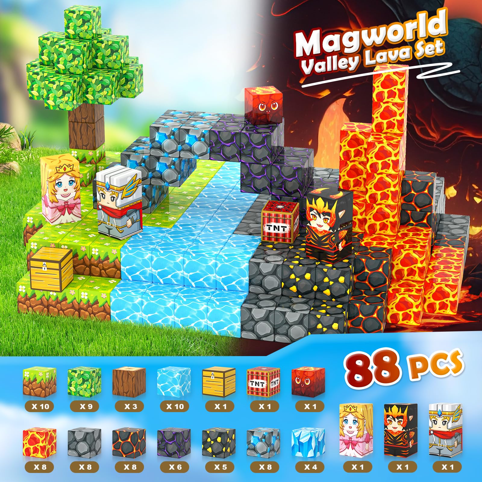 Magworld 88 PCS Magnetic Blocks - Build Mine Magnet World Lava Valley Set