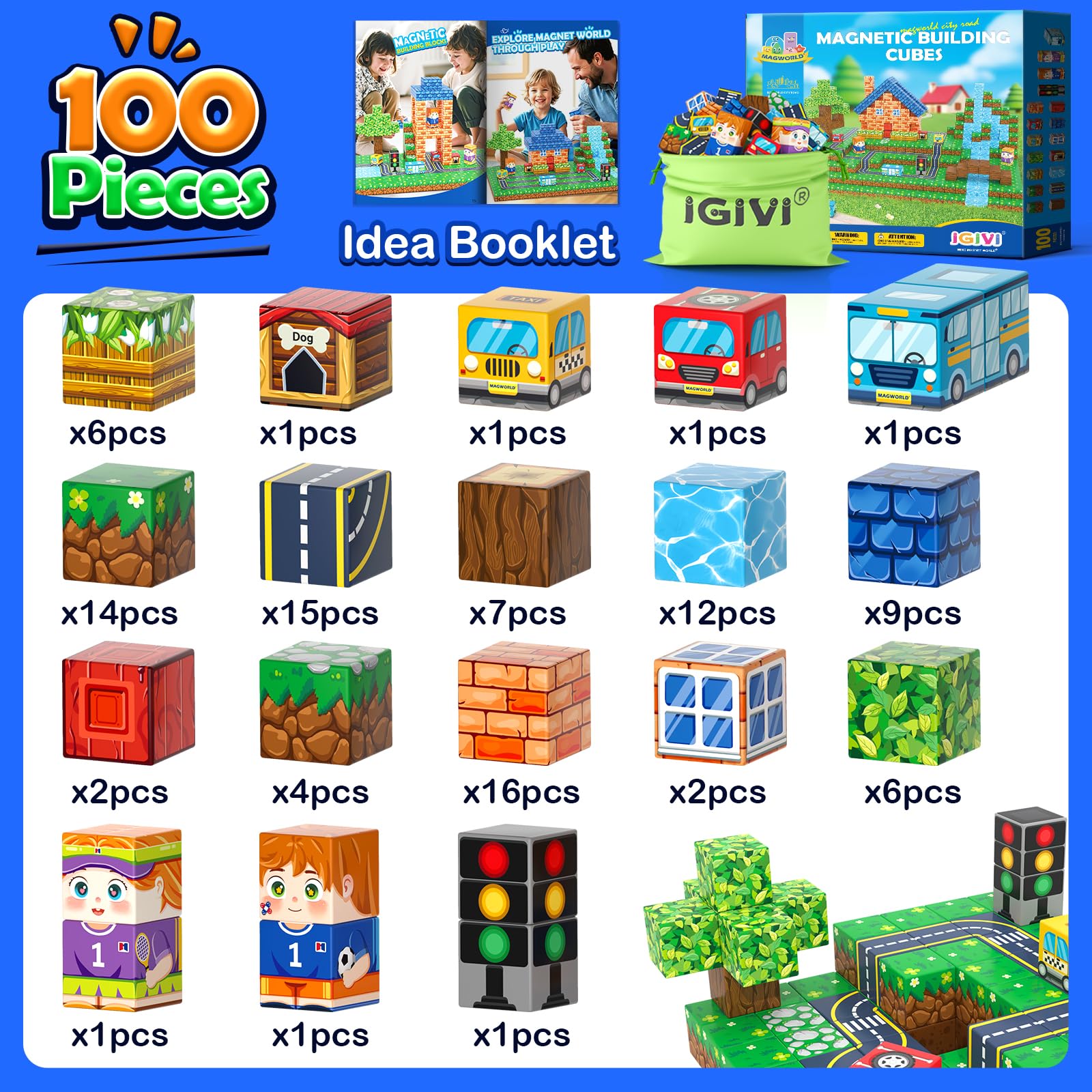 Magworld 100PCS Magnetic Blocks - Build Mine Magnet World Road Set,