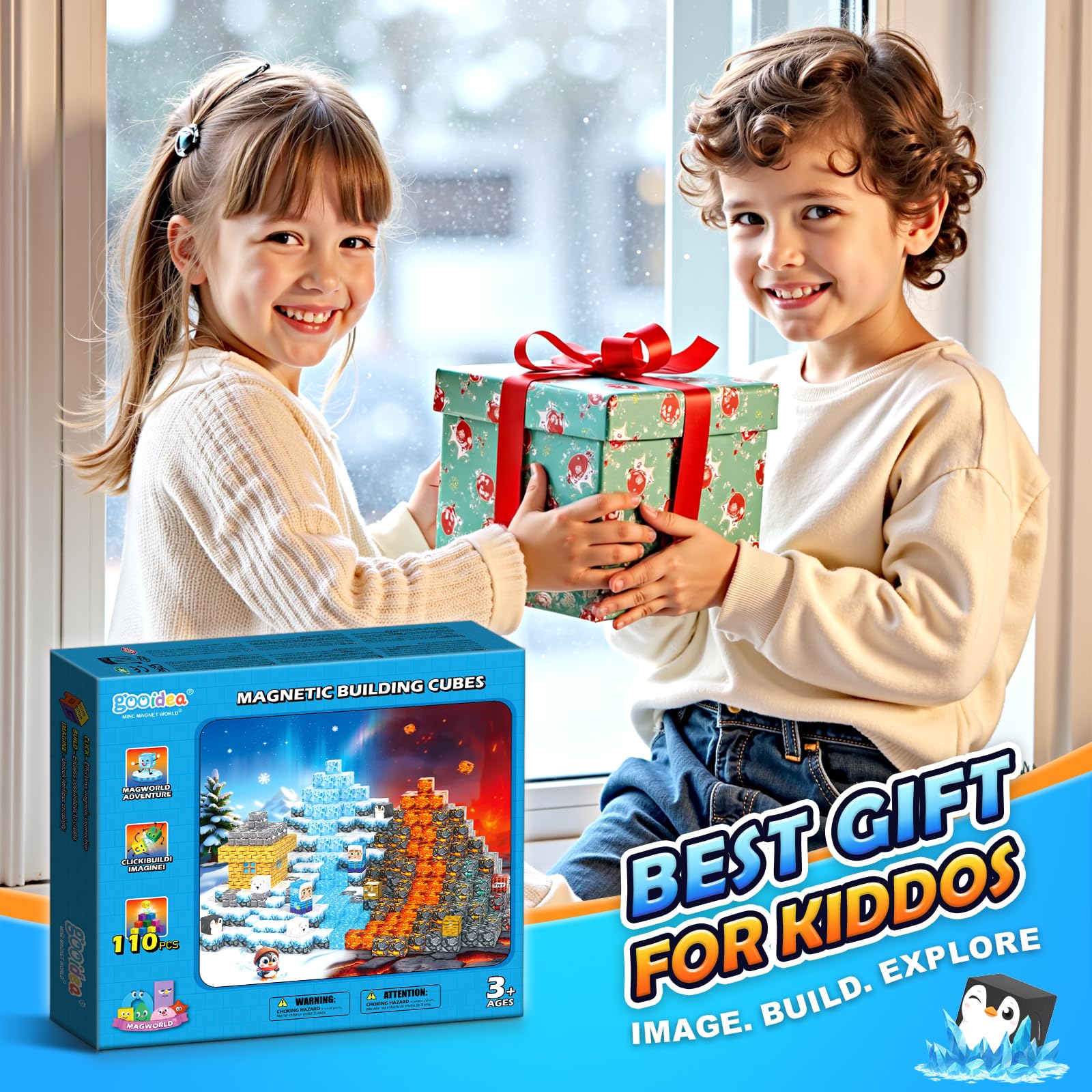 Magworld Large Magnetic Blocks 110PCS Ice Fire World Inspired Playset Kids Magnet Toys