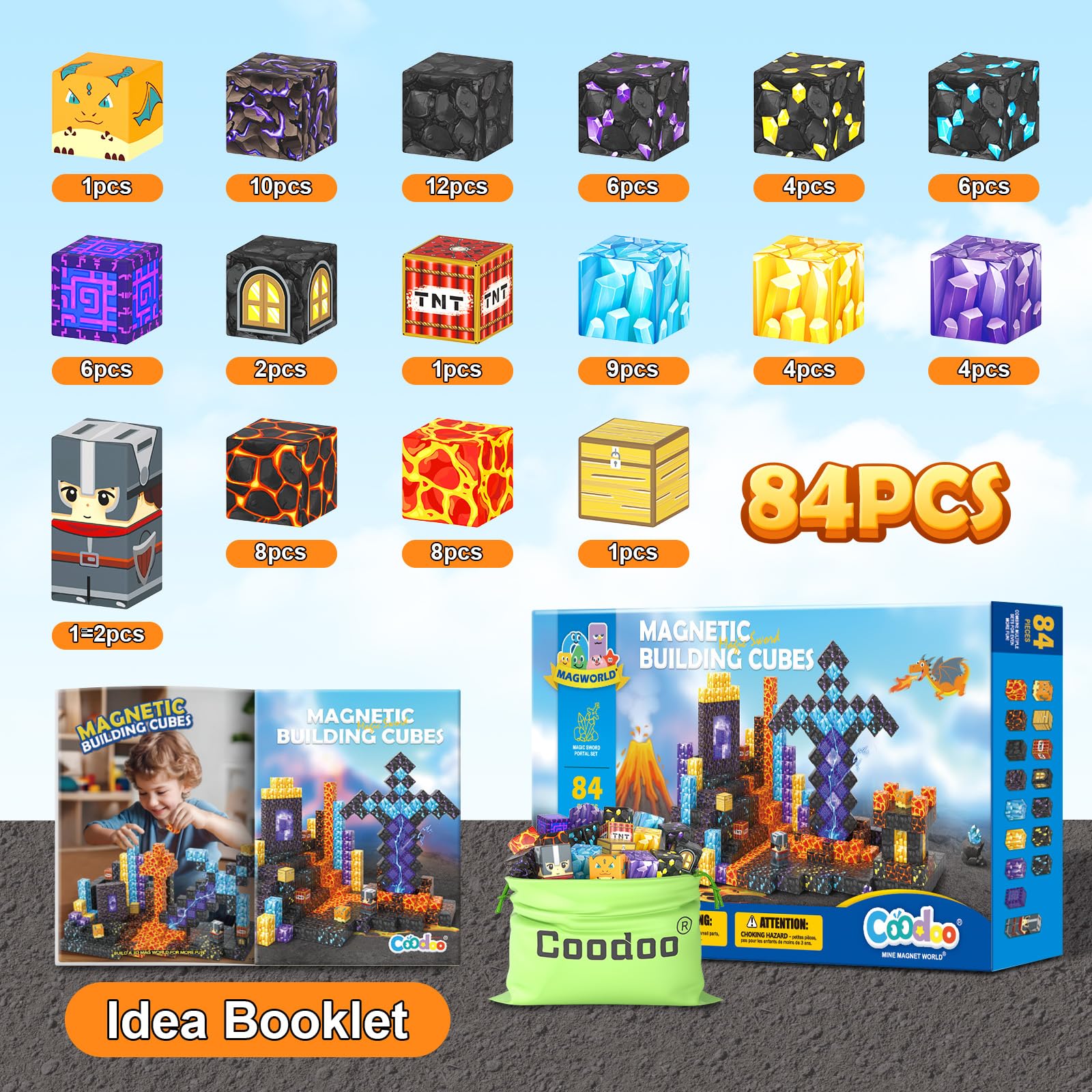 Magworld Magnetic Cubes 84Pieces Build Mine Magnet World Magic Sword Portal Set