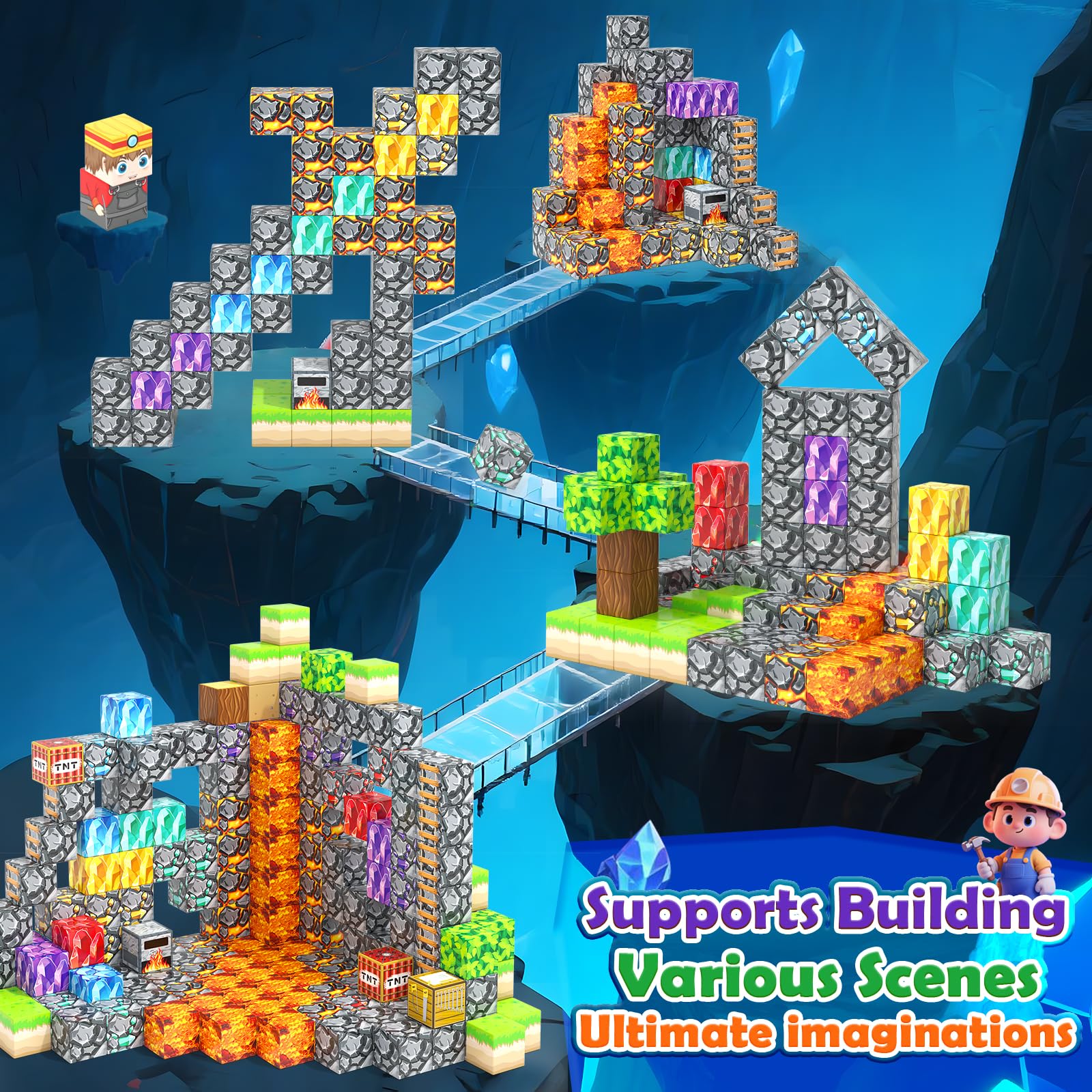 Magworld 150 PCS Magnetic Building Blocks STEM Toy, Stacking Mine Magnet World Craft Cubes
