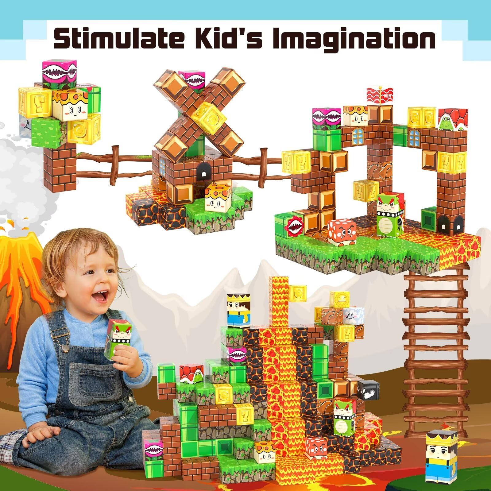 108 PCS Magworld Magnetic Cubes Games Castle Adventure and Lava Kingdom 2 in 1 Toys