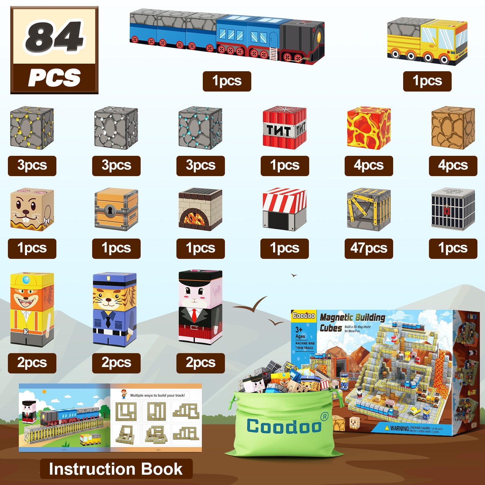 Magworld Magnetic Cubes Train Track Set 84PCS Mine Magnet World-Coodoo