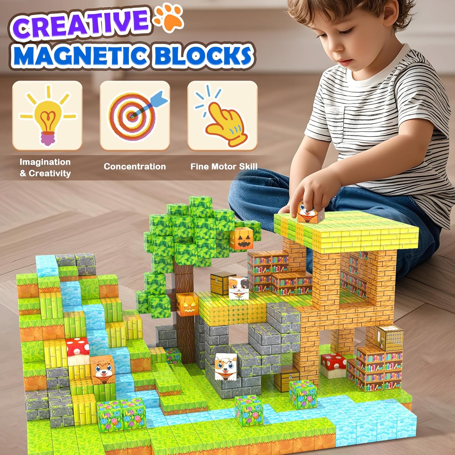 Boy playing with magnetic blocks 