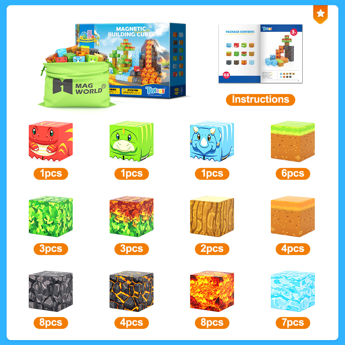 166 PCS Magworld Magnetic Cubes Forest, Dinosaur and Panda Set 3 in 1 Building Blocks