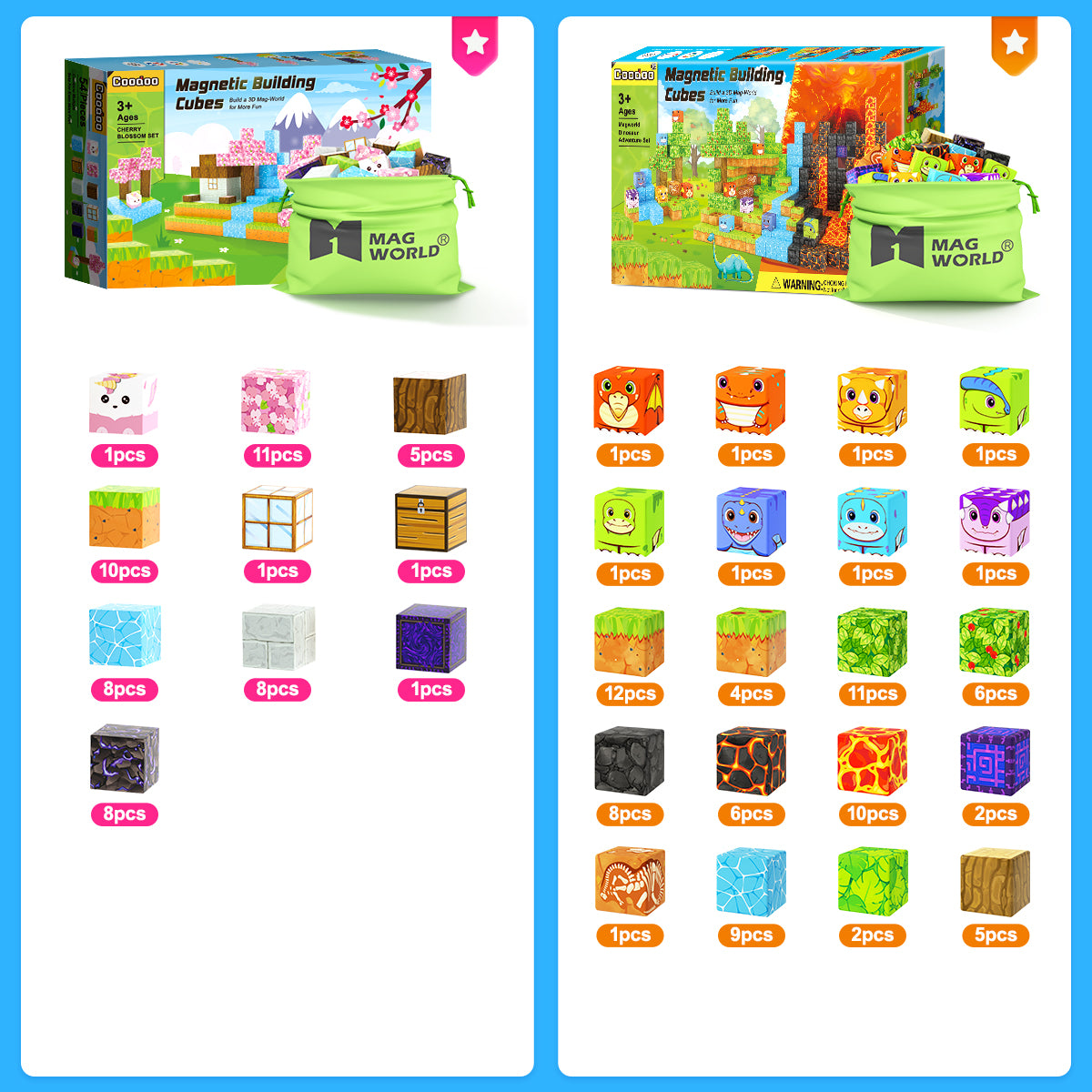 138 PCS Magworld Magnetic Cubes Magic Portal Blossom and Dinosaur 2 in 1 Set