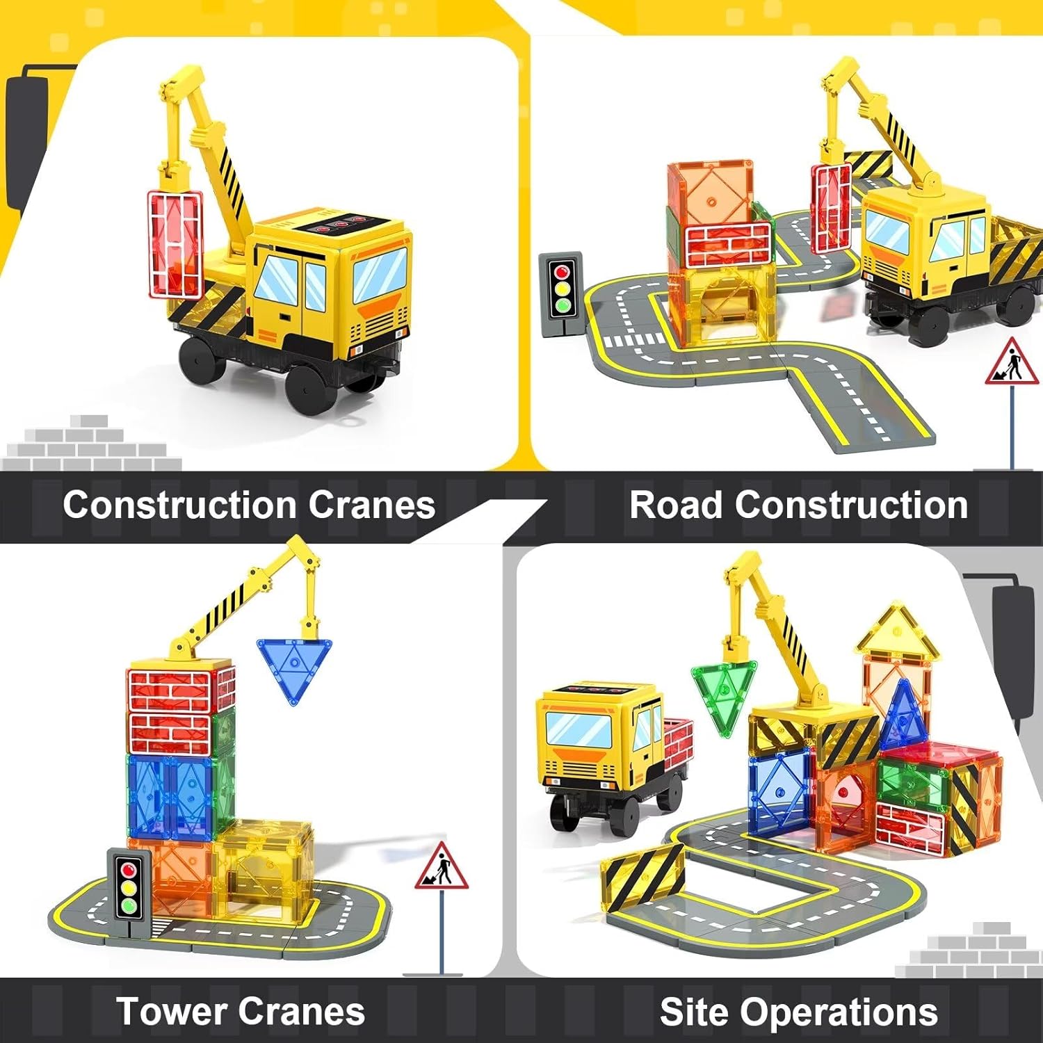 32PCS Magnetic Tiles with Crane Road Pieces Set