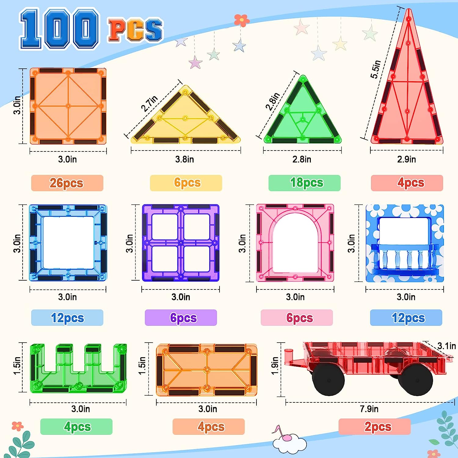 100PCS Magnetic Tiles with 2 Cars