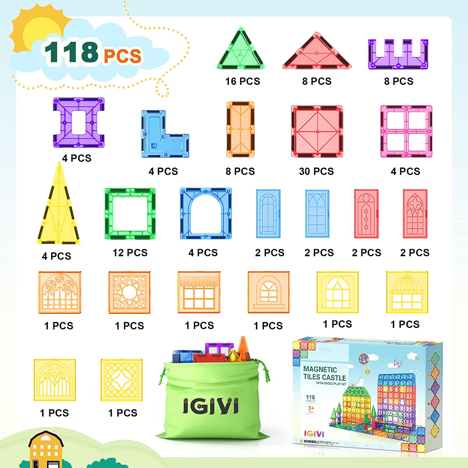 118PCS Magnetic Tiles With Window Clicks