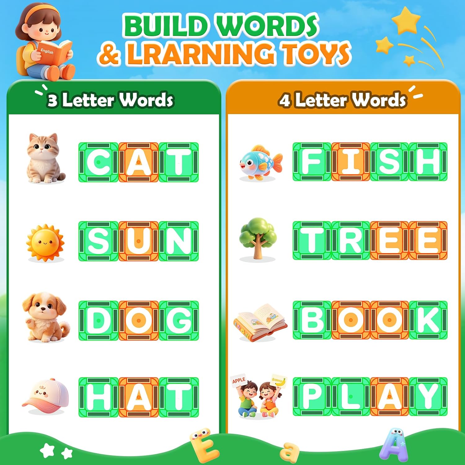 Magnetic Tiles Learn Letters Magnetic Building Blocks for Kids Ages 3-12 Double-Sided Uppercase & Lowercase Magnetic Letter Preschool Learning Toys, Educational STEM Toys & Back to School Supplies