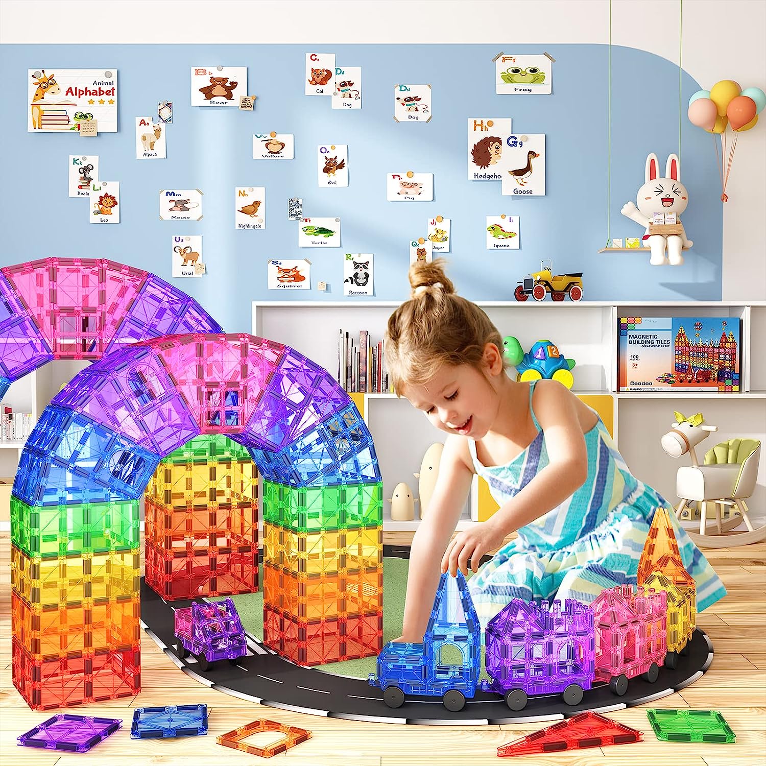 100PCS Magnetic Tiles with 2 Cars