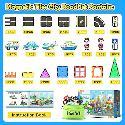 52 PCS Magnetic Tiles City Road Set with Magnet Car Toys