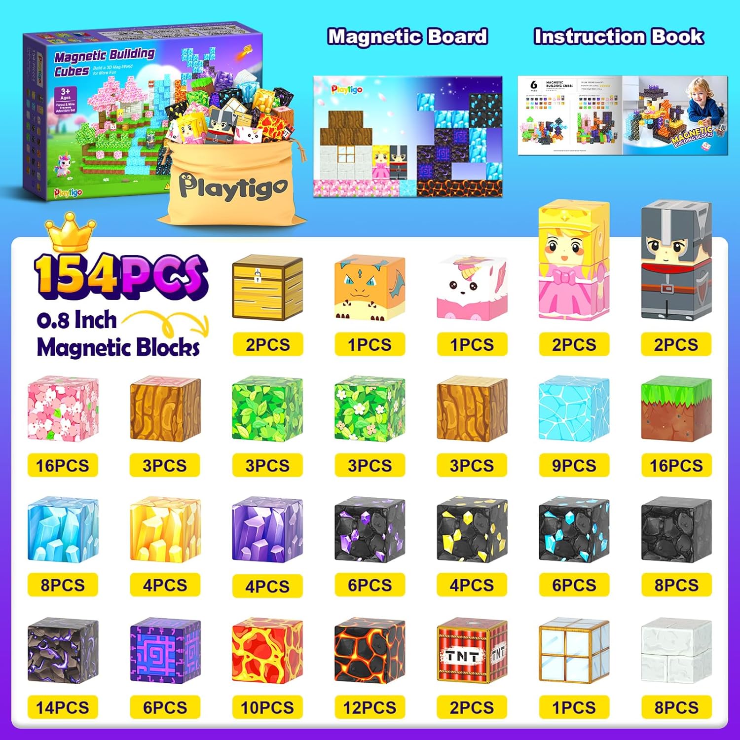 154PCS Magnetic Blocks - Build Mine Magnet World Stacking Cube Toys with Magnet Board