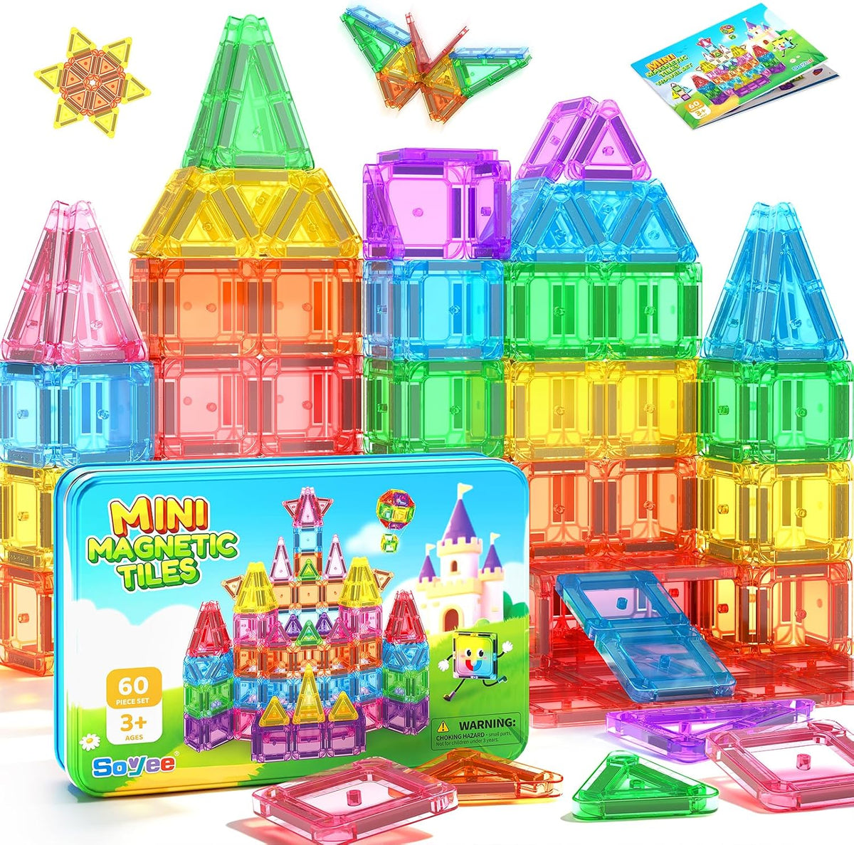 Soyee Mini Travel Magnetic Tiles 60PCS with Metal Tin Case Toddler Kids Toys Travel Essentials, Toddler Travel Toys Portable STEM Building Blocks Compatibility with Regular Size Magnetic Tiles