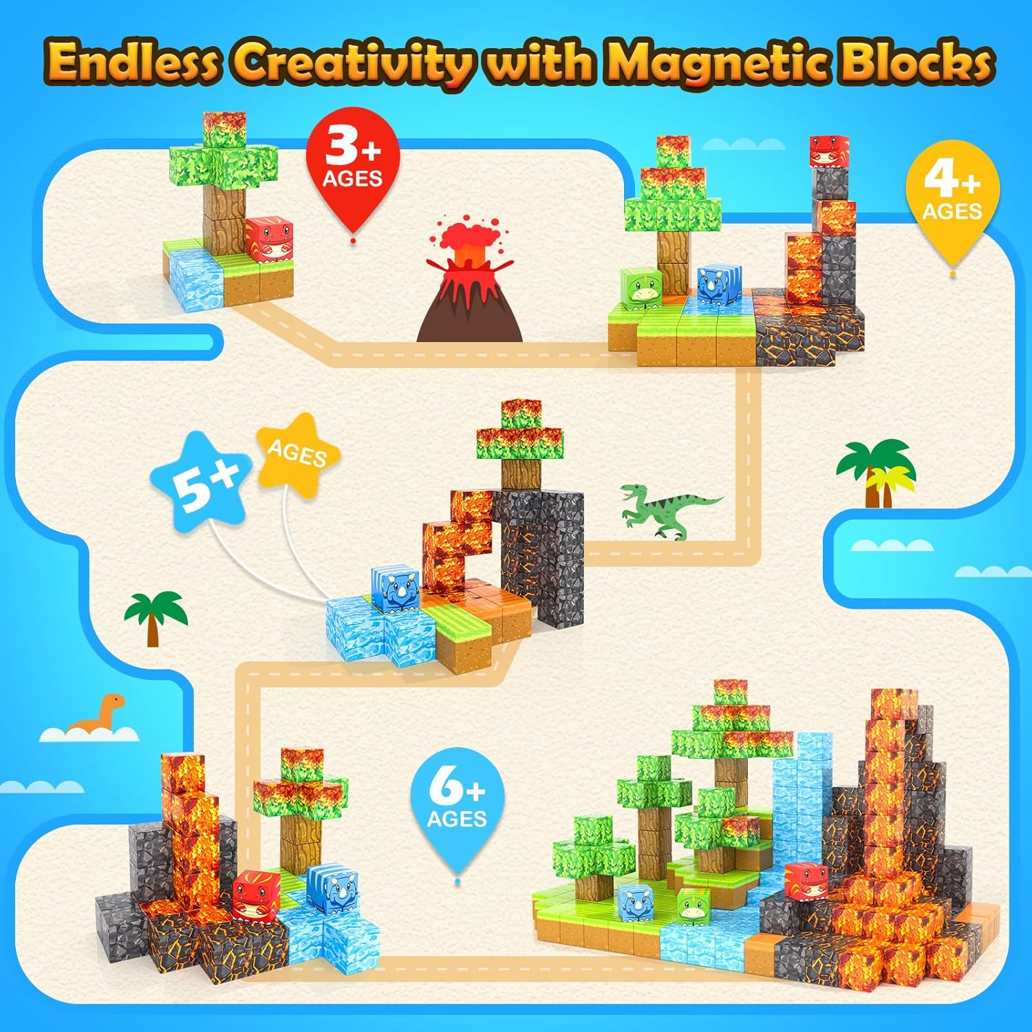 Dinosaur Toys Magnetic Blocks-Build Mine Magnet World Dino Edition, Magnet Builidng Blocks Jurassic Scenes Kids Toys for Boys 3-5 4-6 6-8 Magnetic STEM Construction Sensory Toddler Toys Kids Games