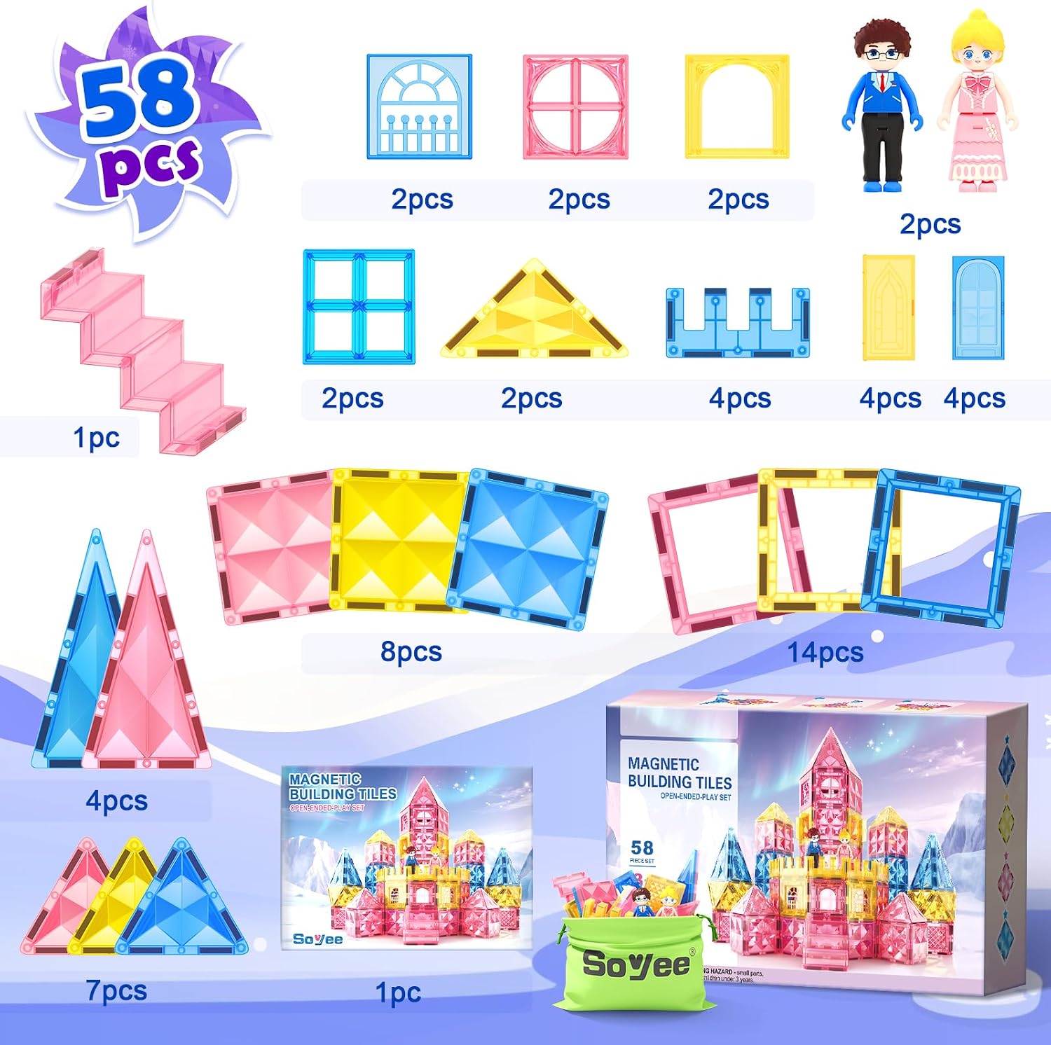 Diamond Magnetic Tiles Princess Castle Building Girls Toys Ages 3-12 Games