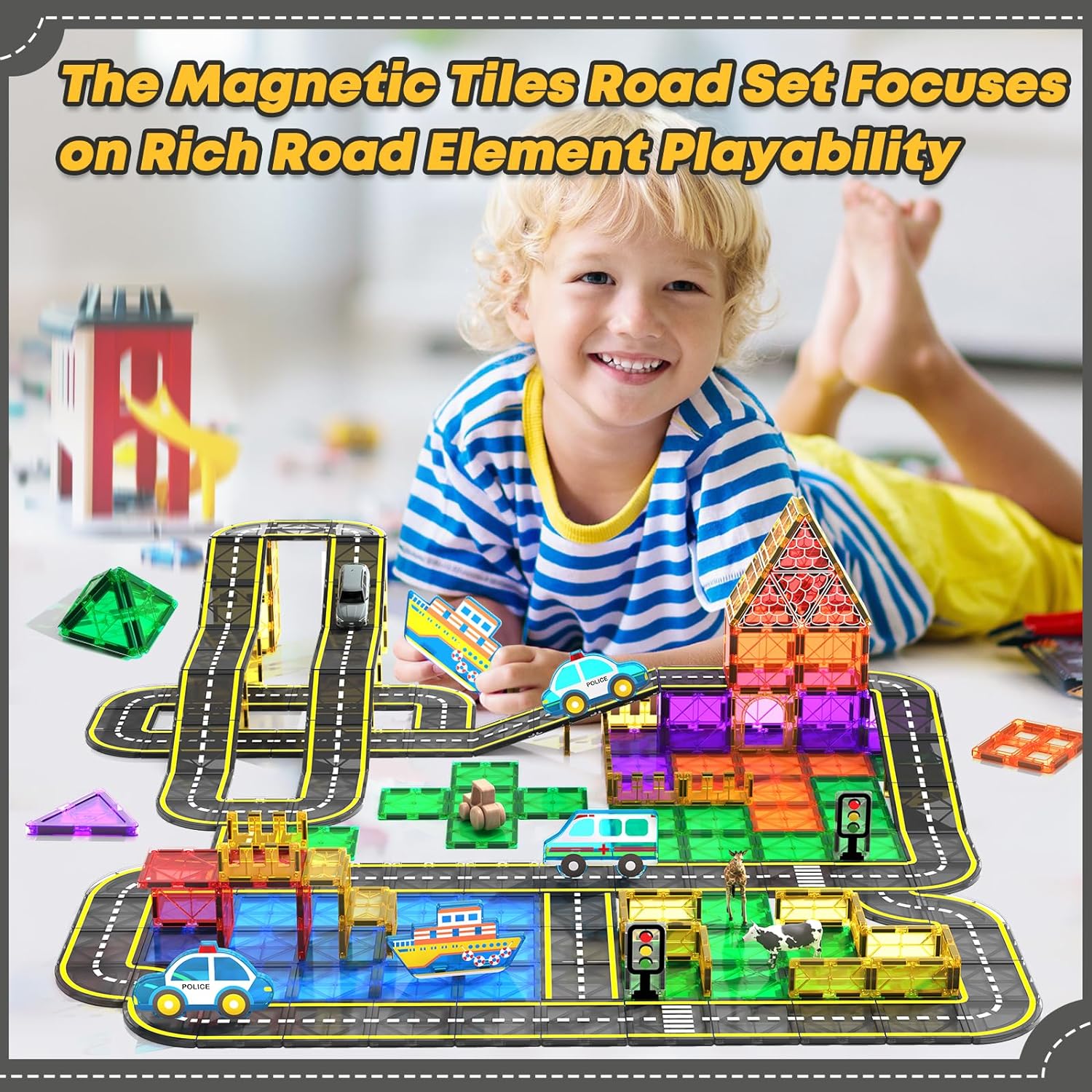 32PCS Magnetic Tiles Road Cars Toys Set