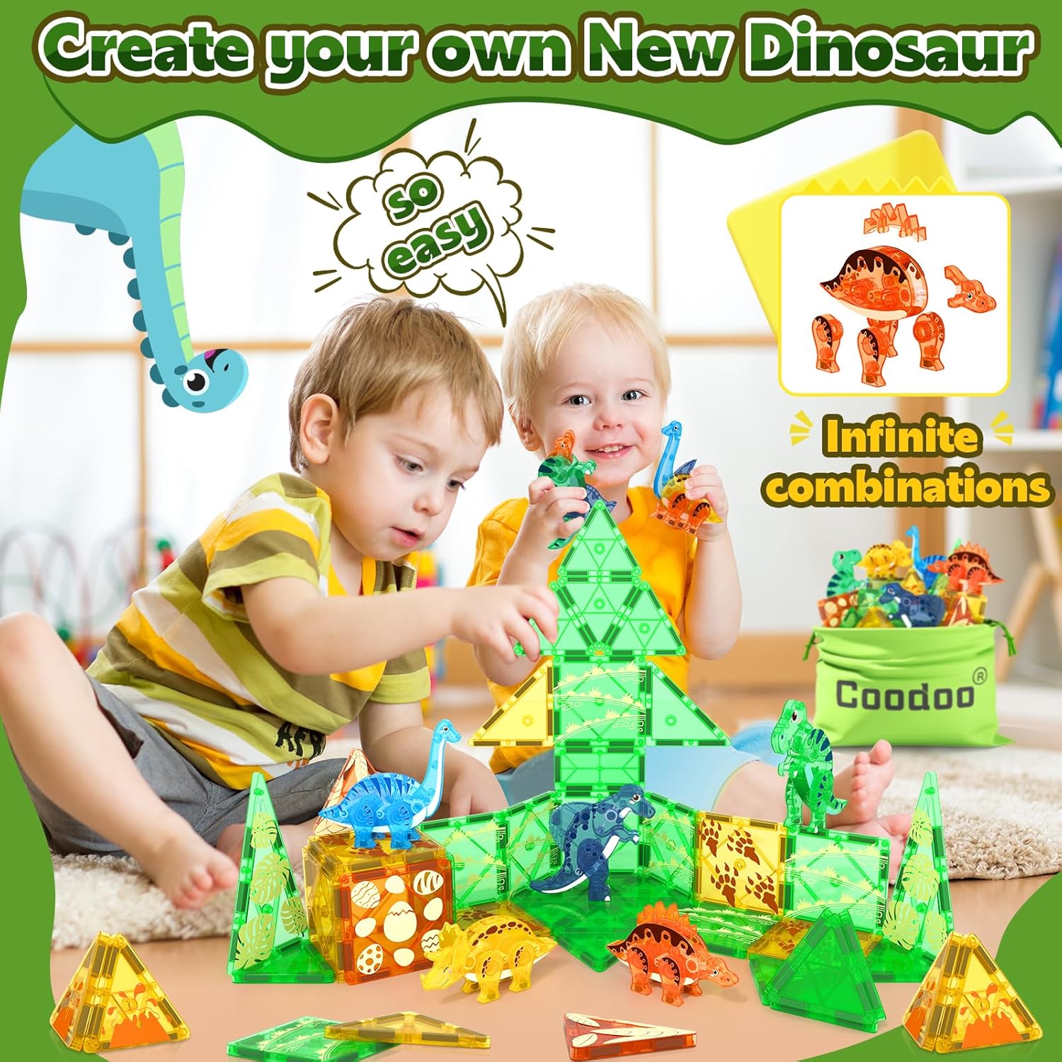 48PCS  3D Movable Dinosaurs Magnetic Tiles