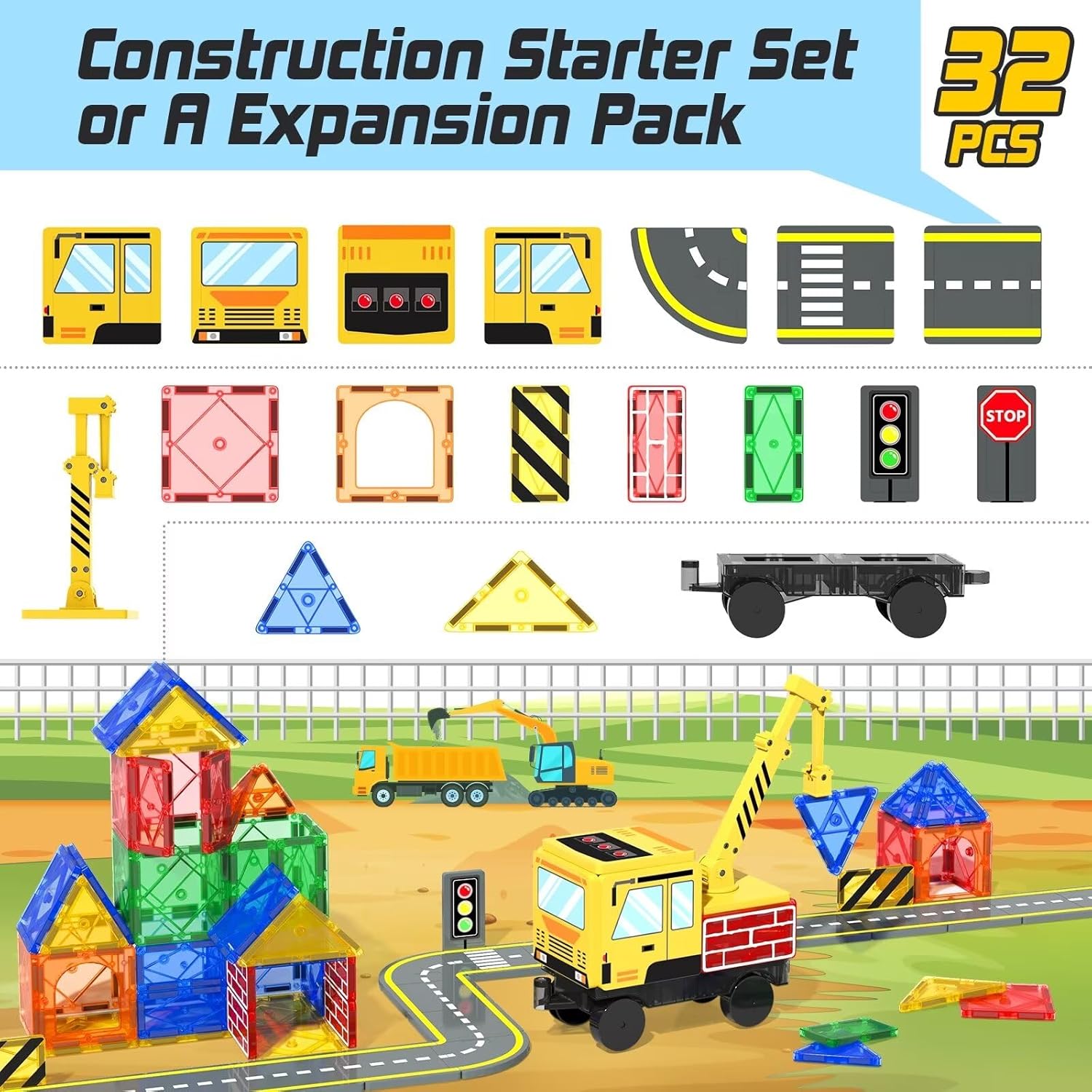 32PCS Magnetic Tiles with Crane Road Pieces Set