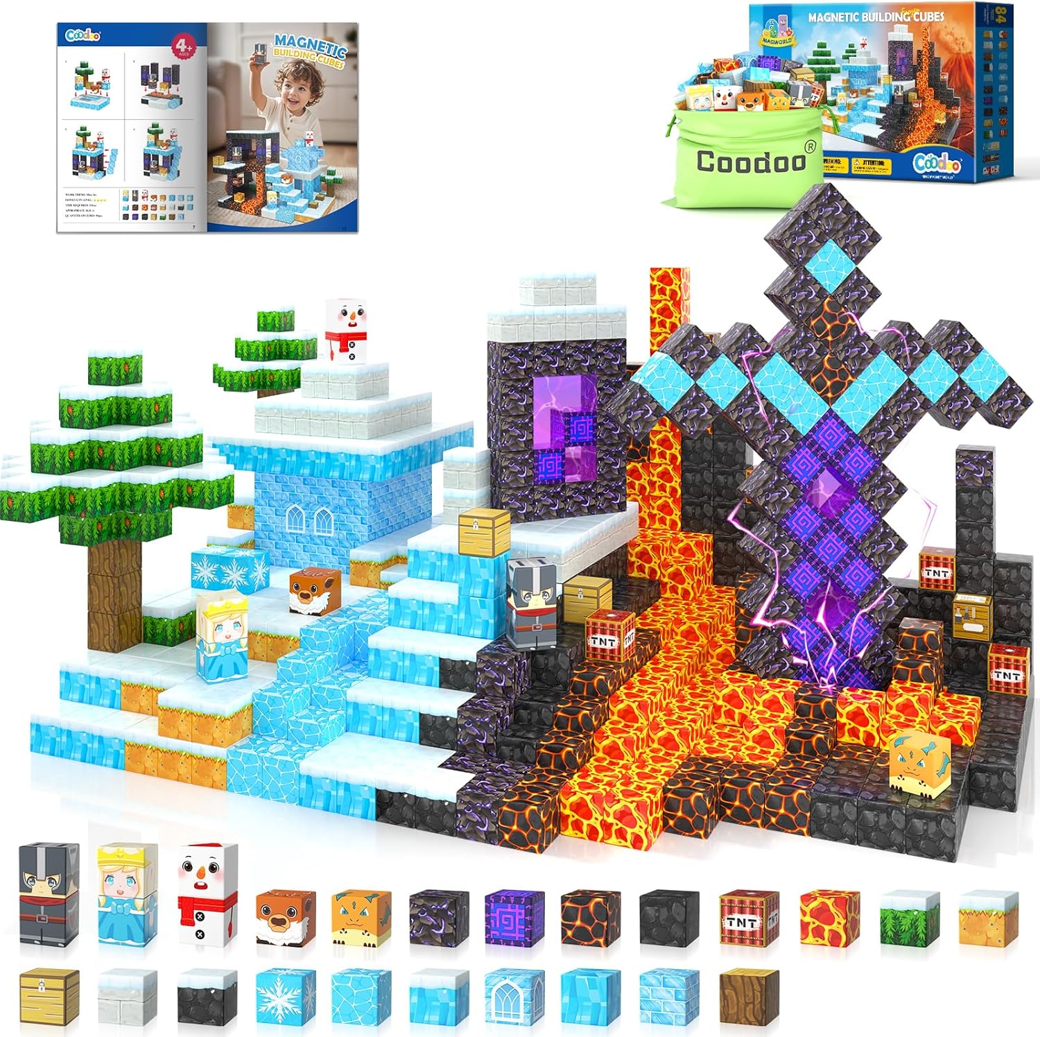 84 PCS Magworld  Frozen Toys Magnetic Blocks - Build Mine Magnet World Frozen & Lava Set-Coodoo