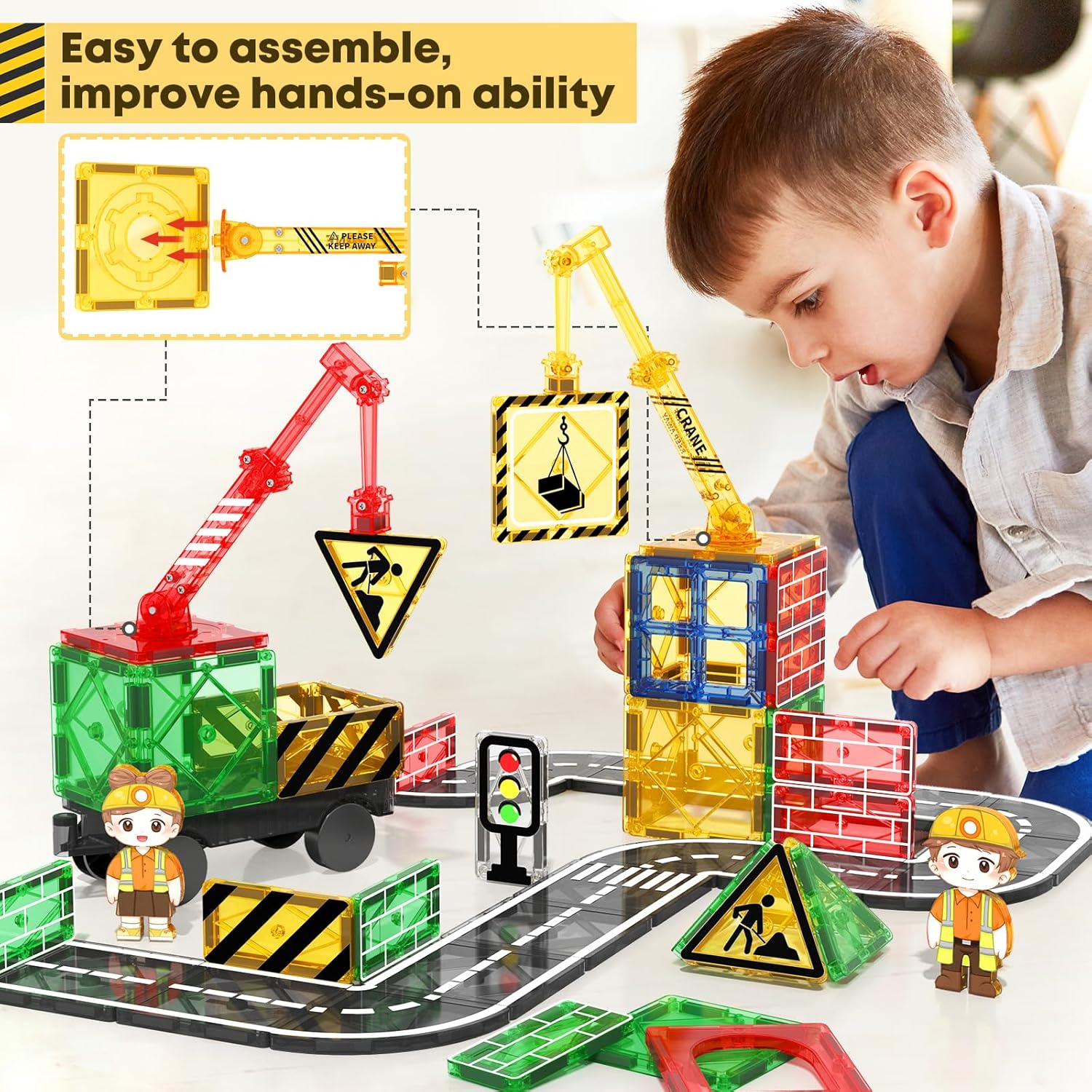 38PCS Magnetic Tiles with 2 Cranes Construction Toy