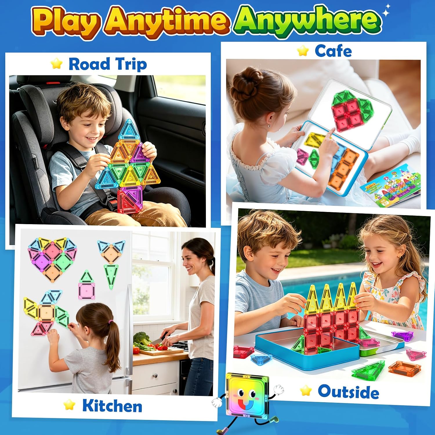 Soyee Mini Travel Magnetic Tiles 60PCS with Metal Tin Case Toddler Kids Toys Travel Essentials, Toddler Travel Toys Portable STEM Building Blocks Compatibility with Regular Size Magnetic Tiles